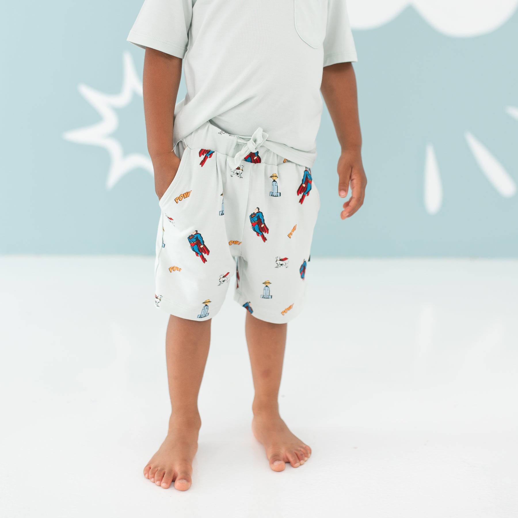 Close up of Drawstring Short in Superman™ paired with a Dew Toddler Crew Neck Tee