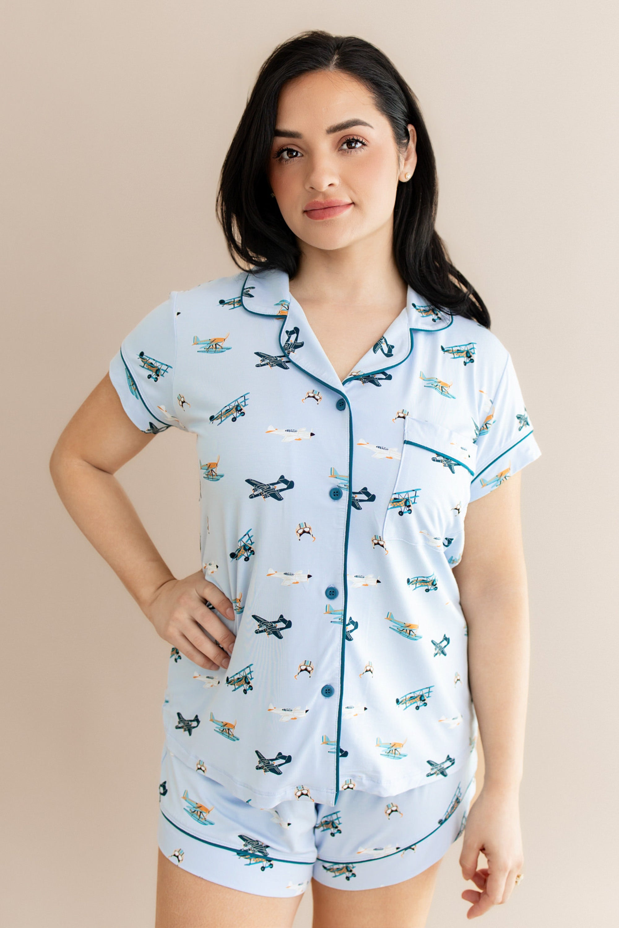 Close up of female model wearing the Women's Short Sleeve Pajama Set in Take Off