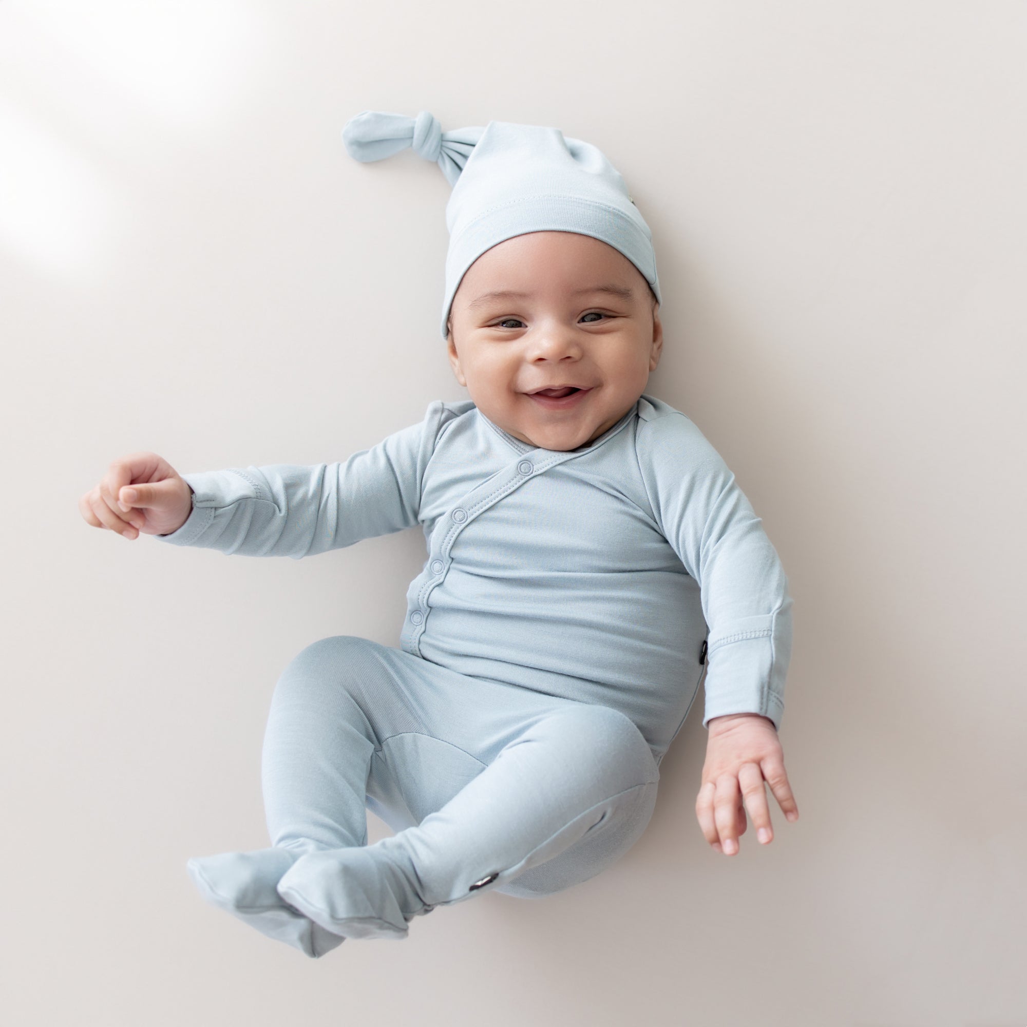 Baby smiling in Take Me Home Set with Cap in Fog