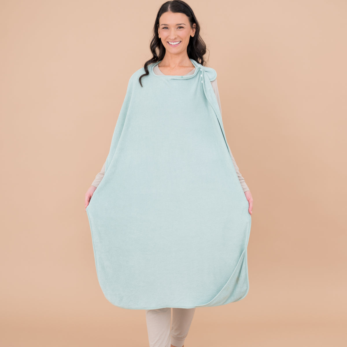 Mother wearing Sage Green Terry Apron Bath Towel