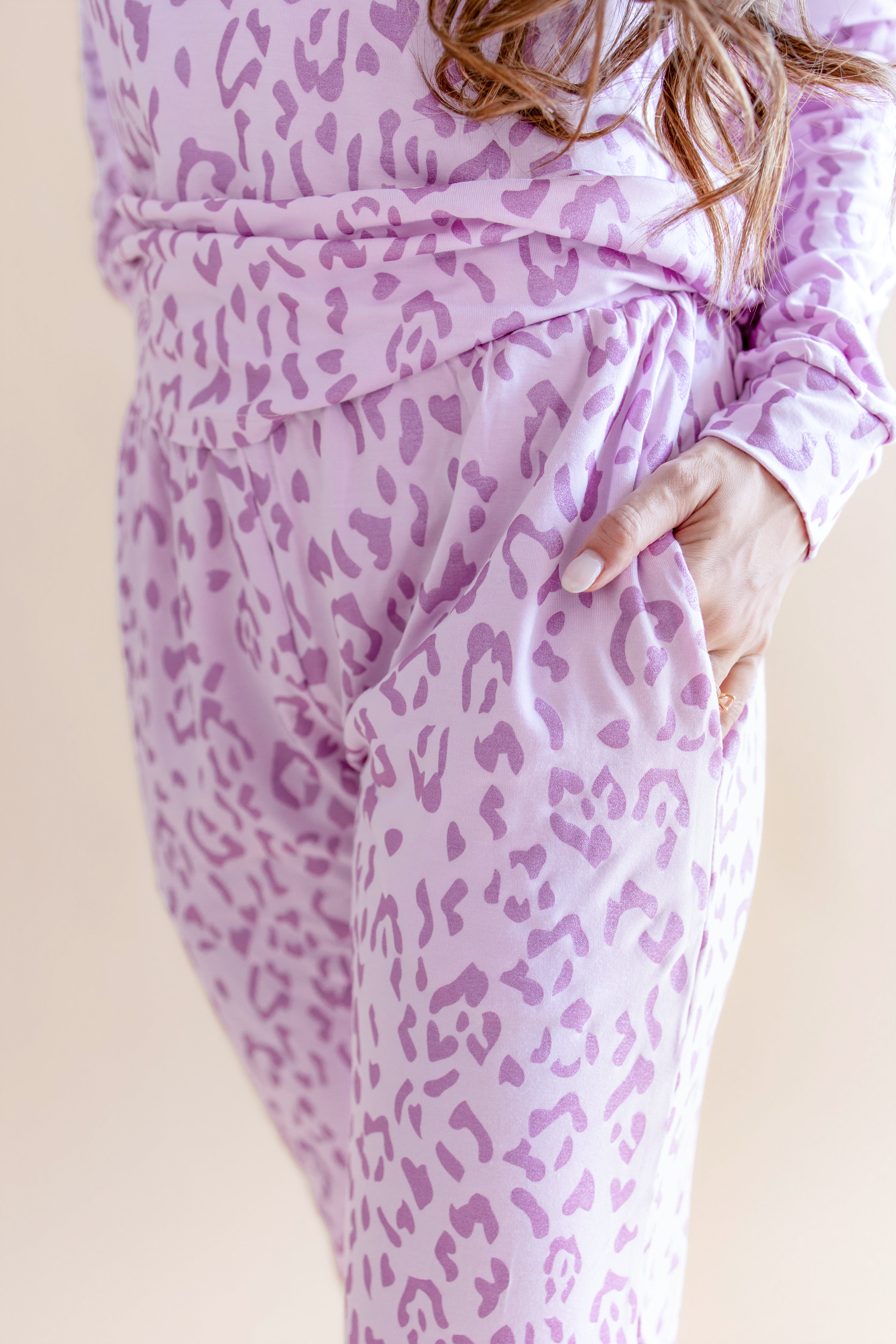 Women's Jogger pajama set pant with pockets in Thistle Leopard print on a beige background