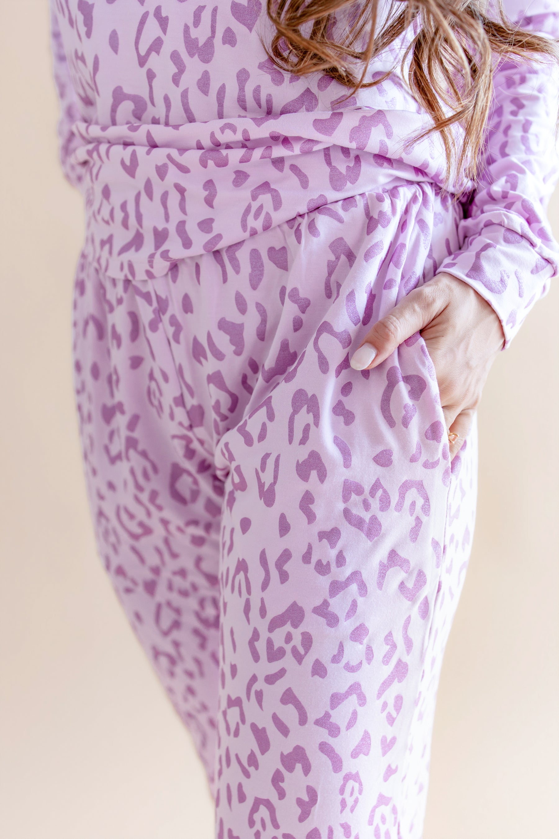Women's Jogger pajama set pant with pockets in Thistle Leopard print on a beige background