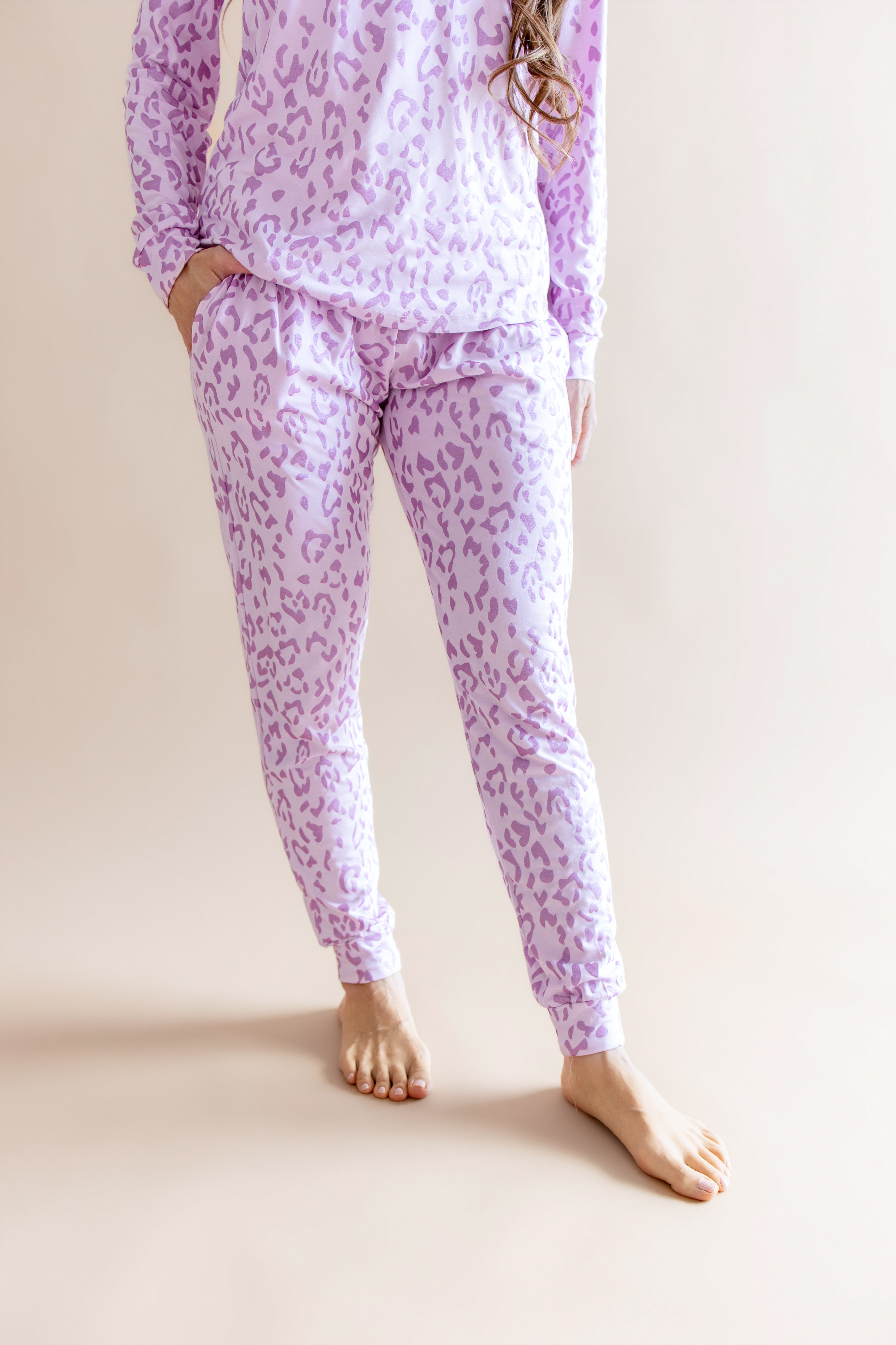 Women's Jogger pajama set pant in Thistle Leopard print on a beige background