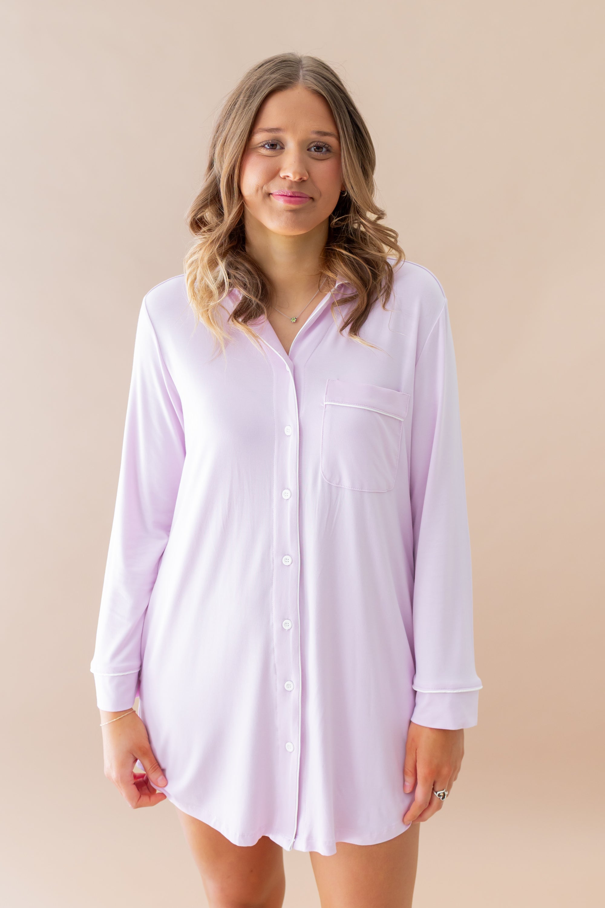 Female modeling the Long Sleeve Women’s Nightshirt in Thistle