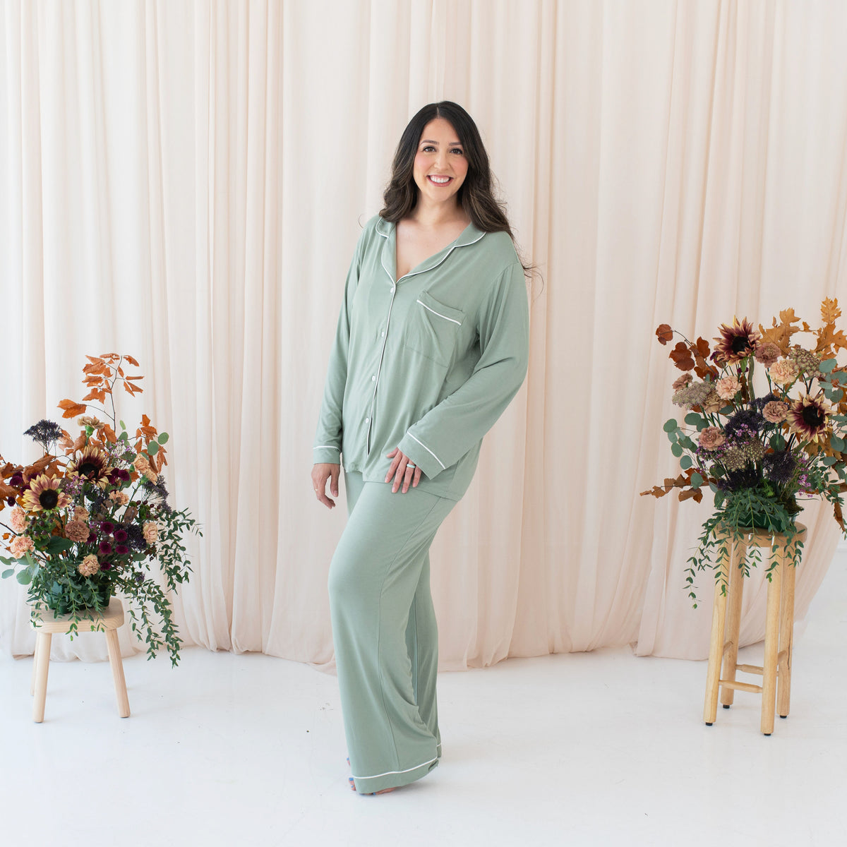 Women's Long Sleeve Pajama Set in Thyme with Cloud Trim