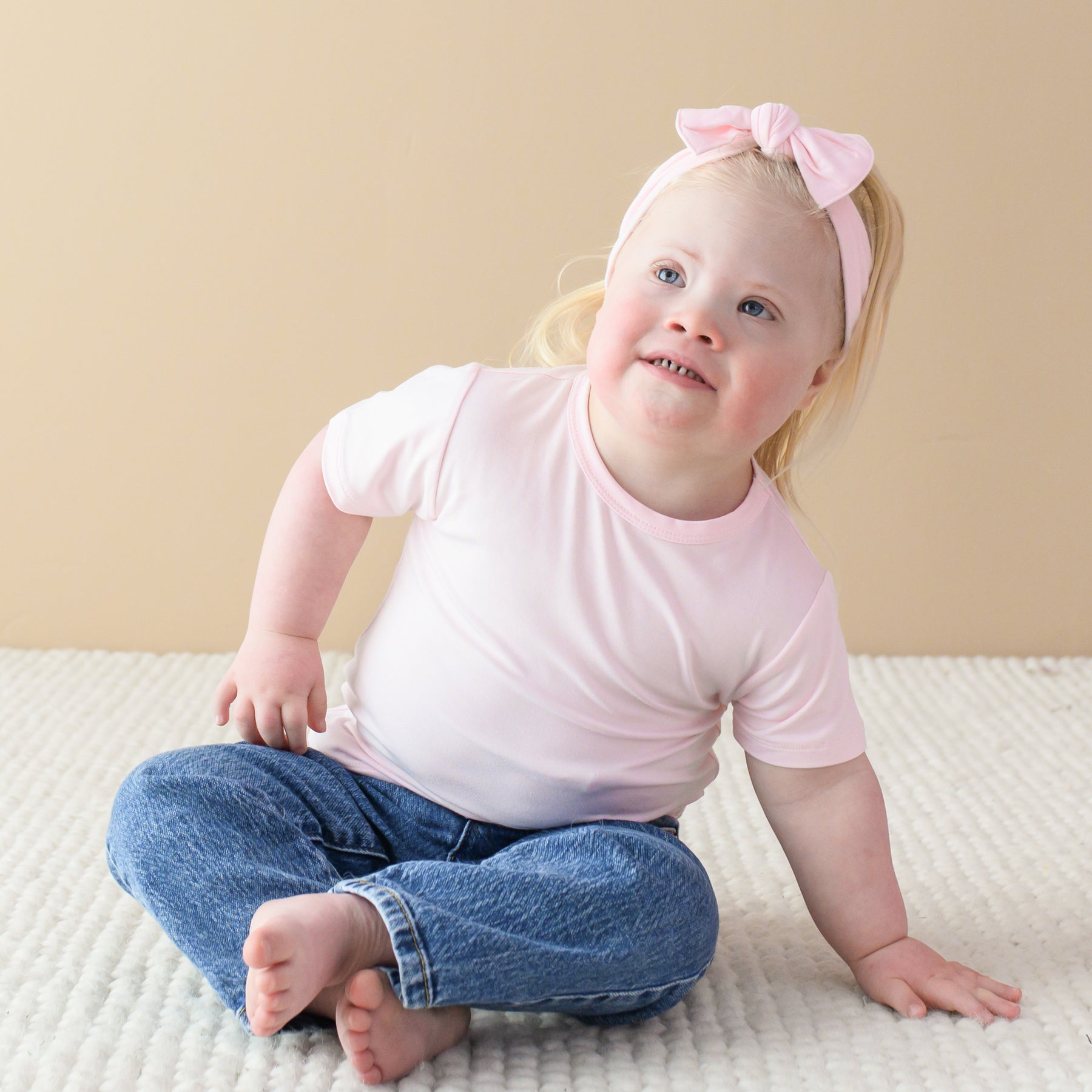 Toddler wearing Toddler Basic Tee in Sakura and Sakura bow