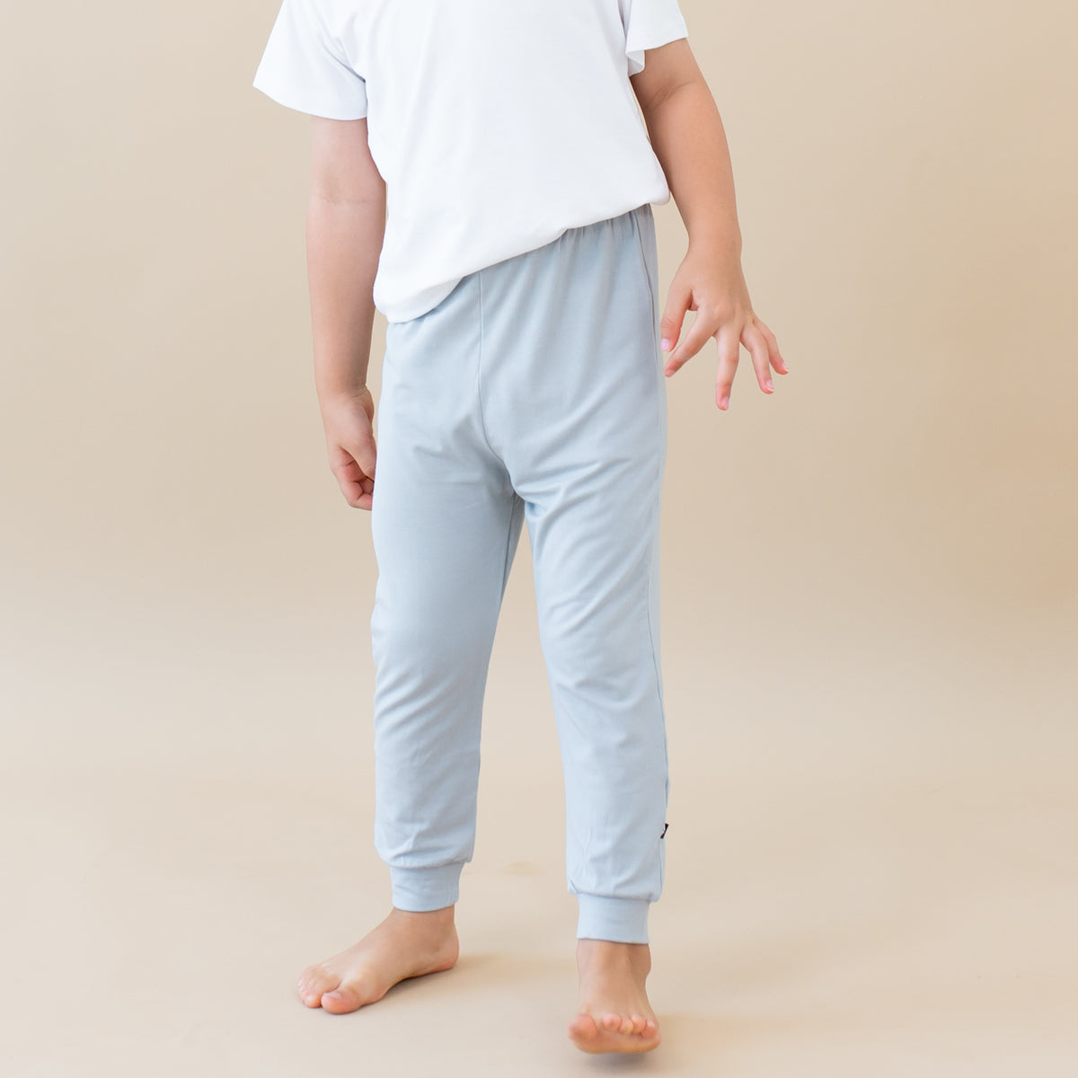 Toddler modeling Pant in Storm close up 