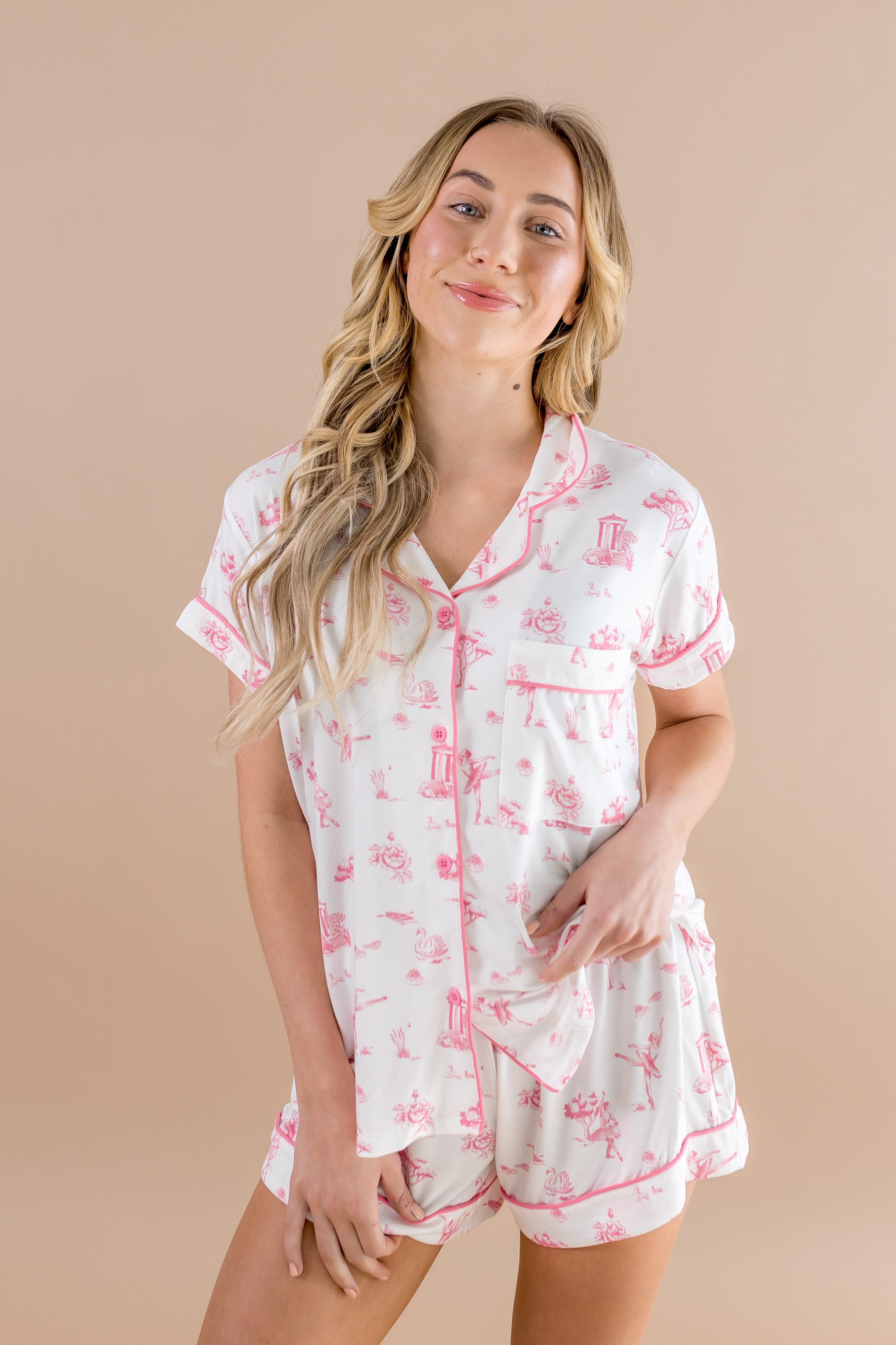 Female modeling the Women's Short Sleeve Pajama Set in Toile Ballet