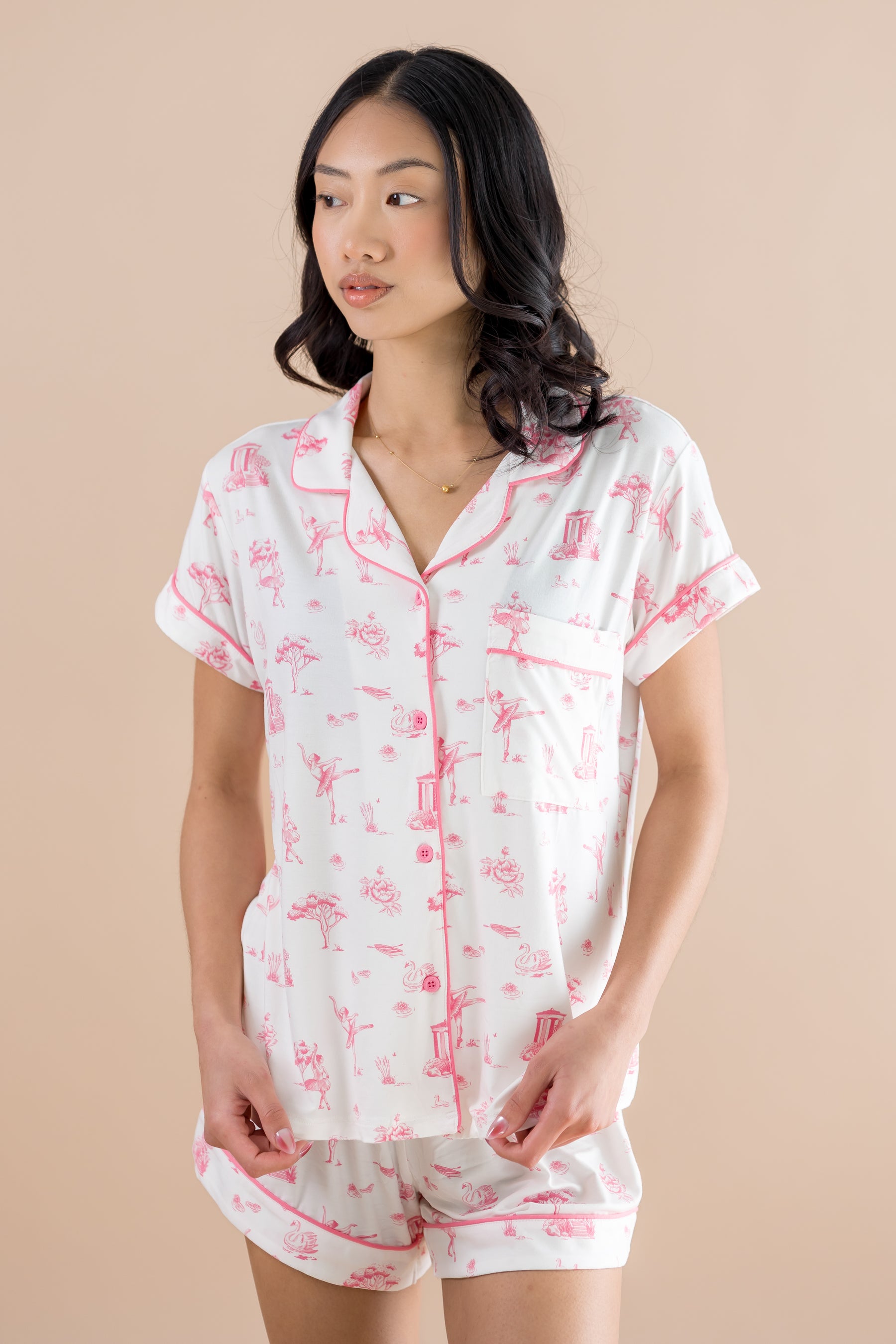Close up of female modeling the Women's Short Sleeve Pajama Set in Toile Ballet