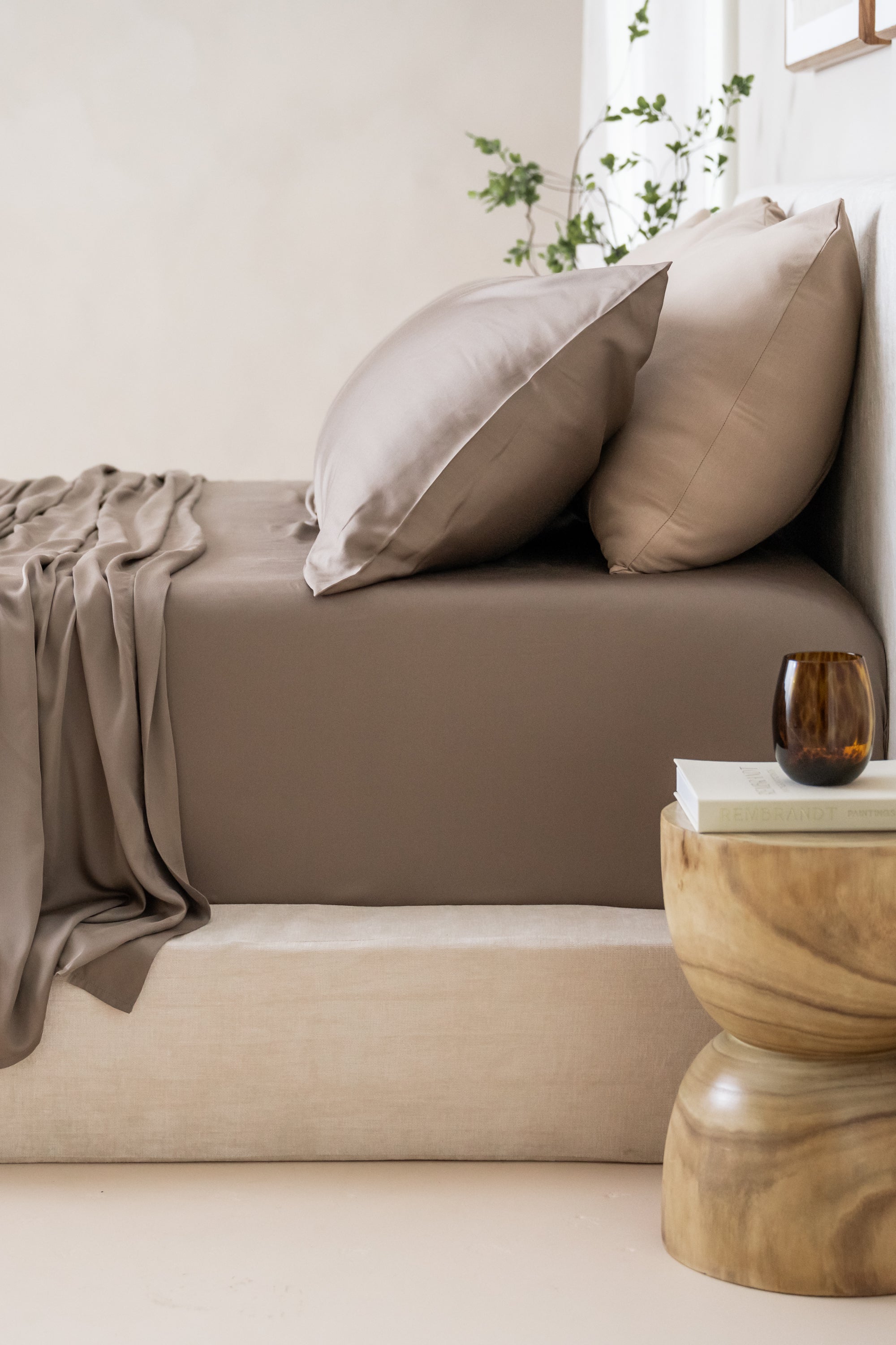 Bamboo Sateen Sheet Set in Truffle shown on bed  