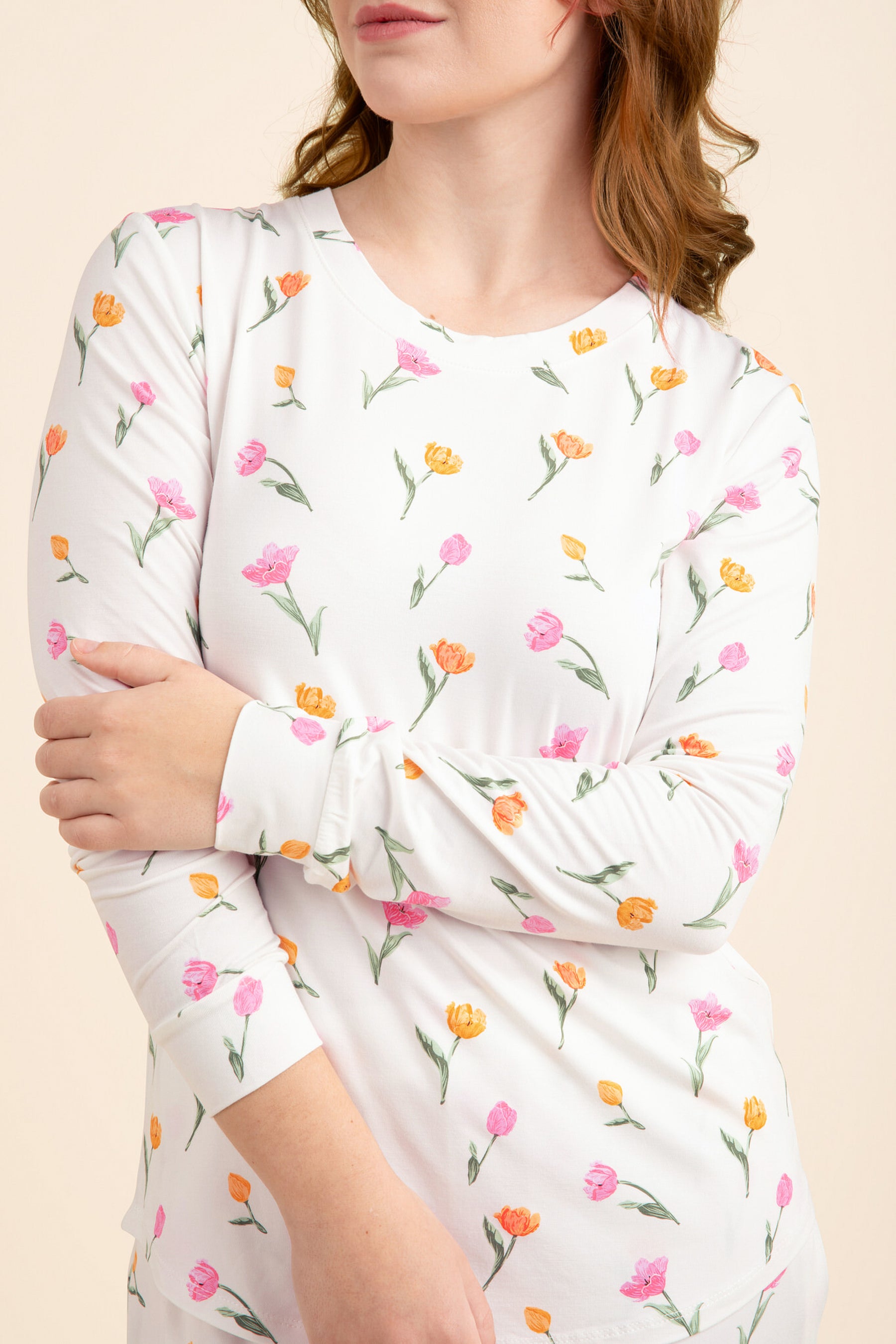 Close up of the shirt of the Women's Jogger Pajama Set in Tulip shown on a model