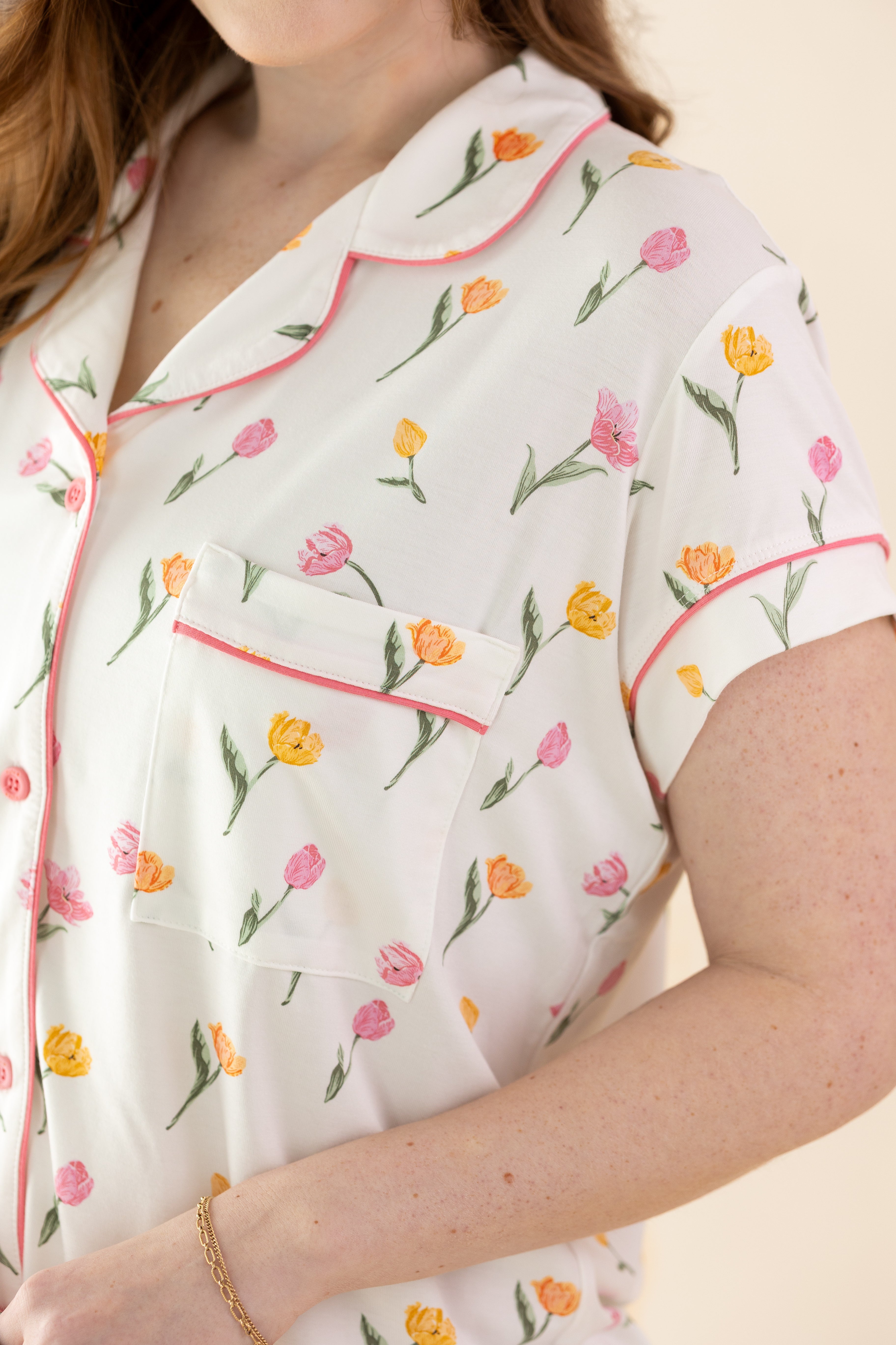 Close up of the chest pocket and pink trim on the Women's Short Sleeve Pajama Set in Tulip