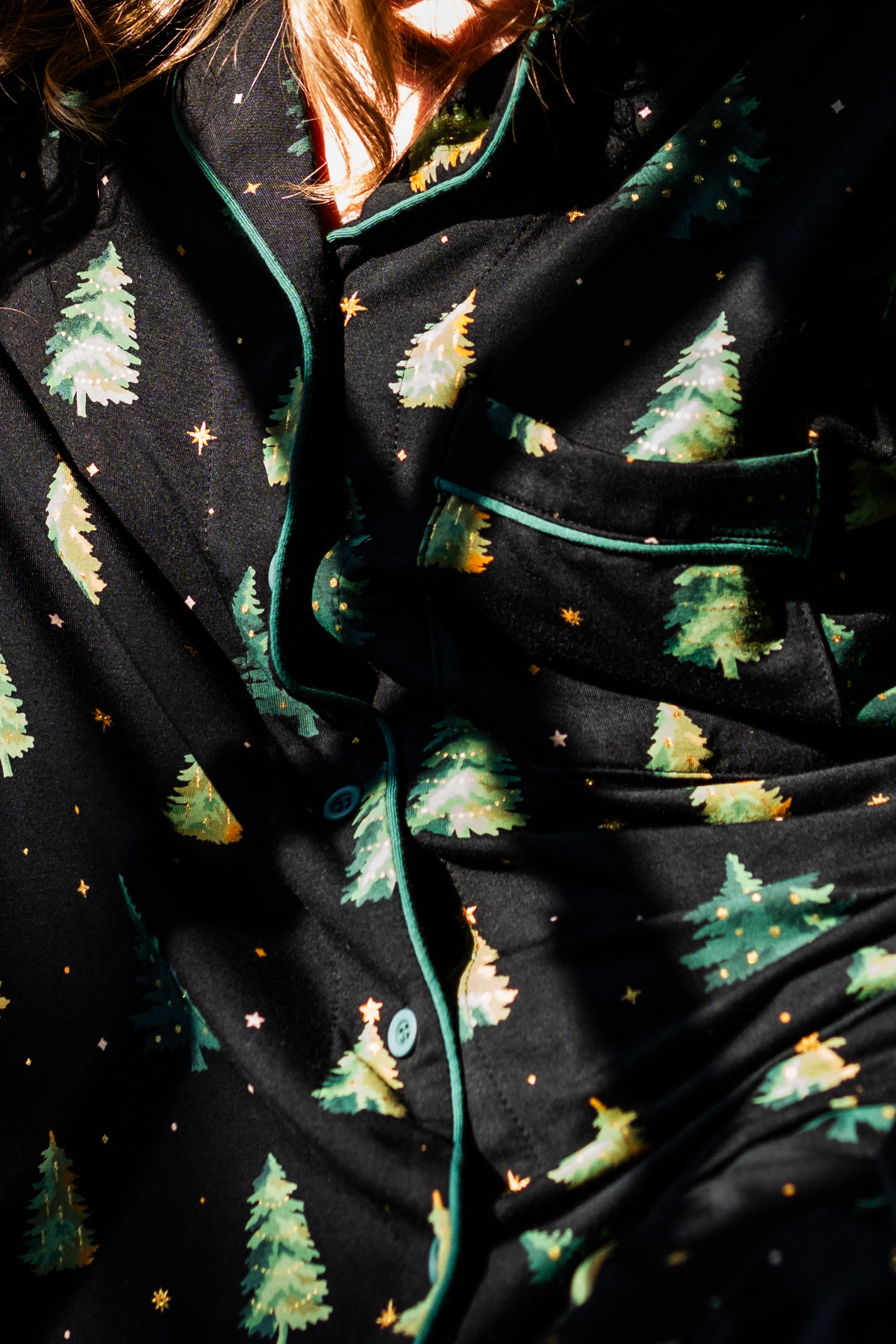 Close up of the print on the Long-Sleeved Women's Pajama Set in Twinkle Tree