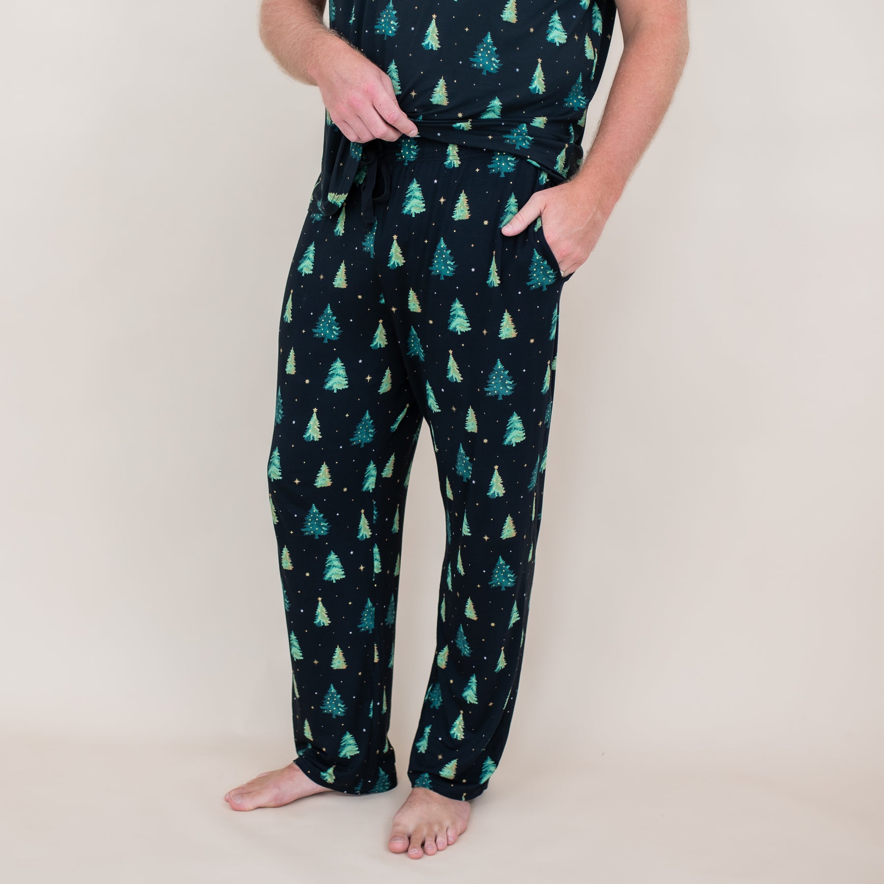 Men's Lounge Pants in Twinkle Tree shown on a male model