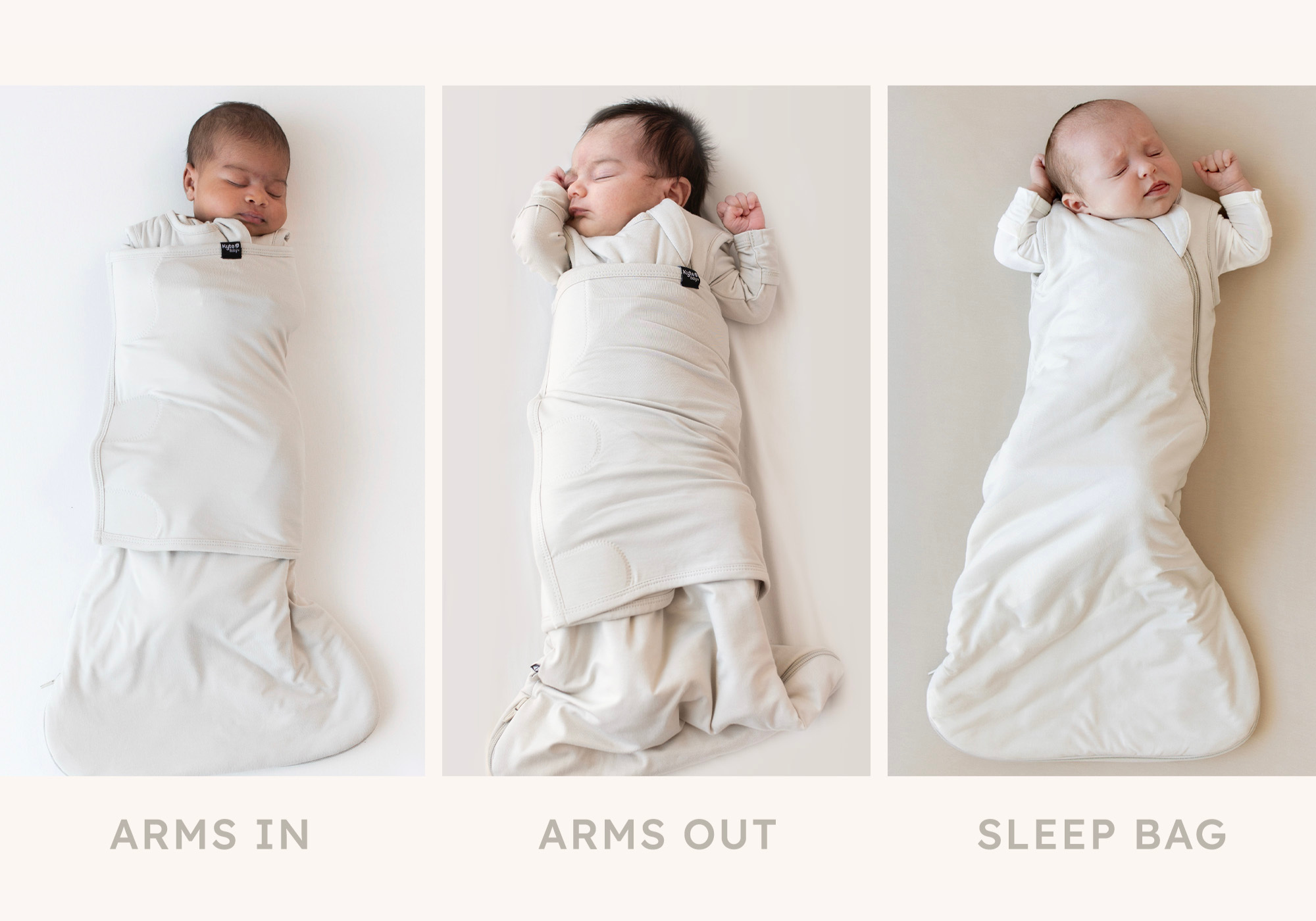 banner image showing three different ways to use sleep bag swaddler - arms in, arms out and sleep bag