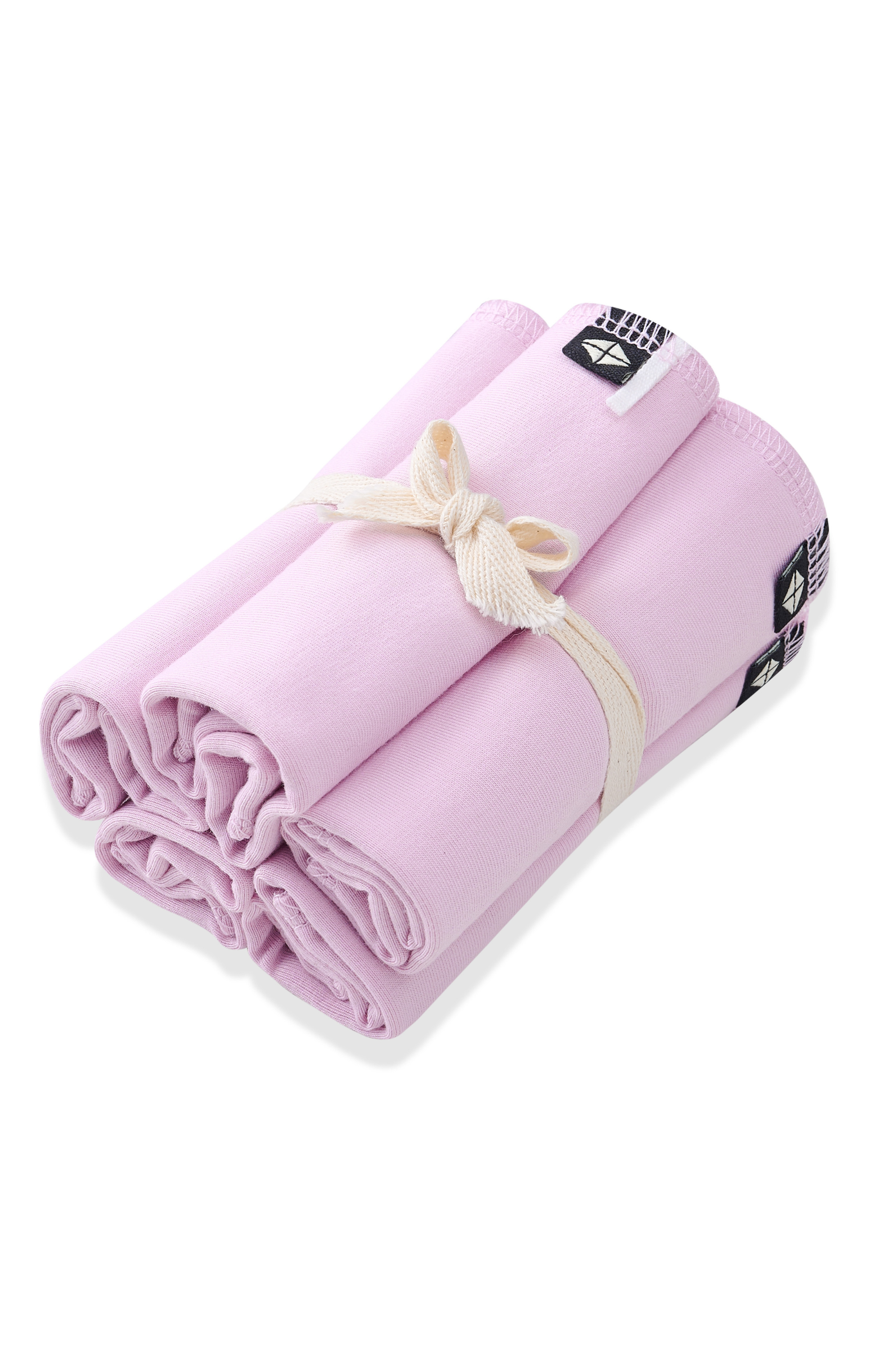 Bundle of Washcloth 5-Pack in Thistle shown in its packaging tied with a linen bow