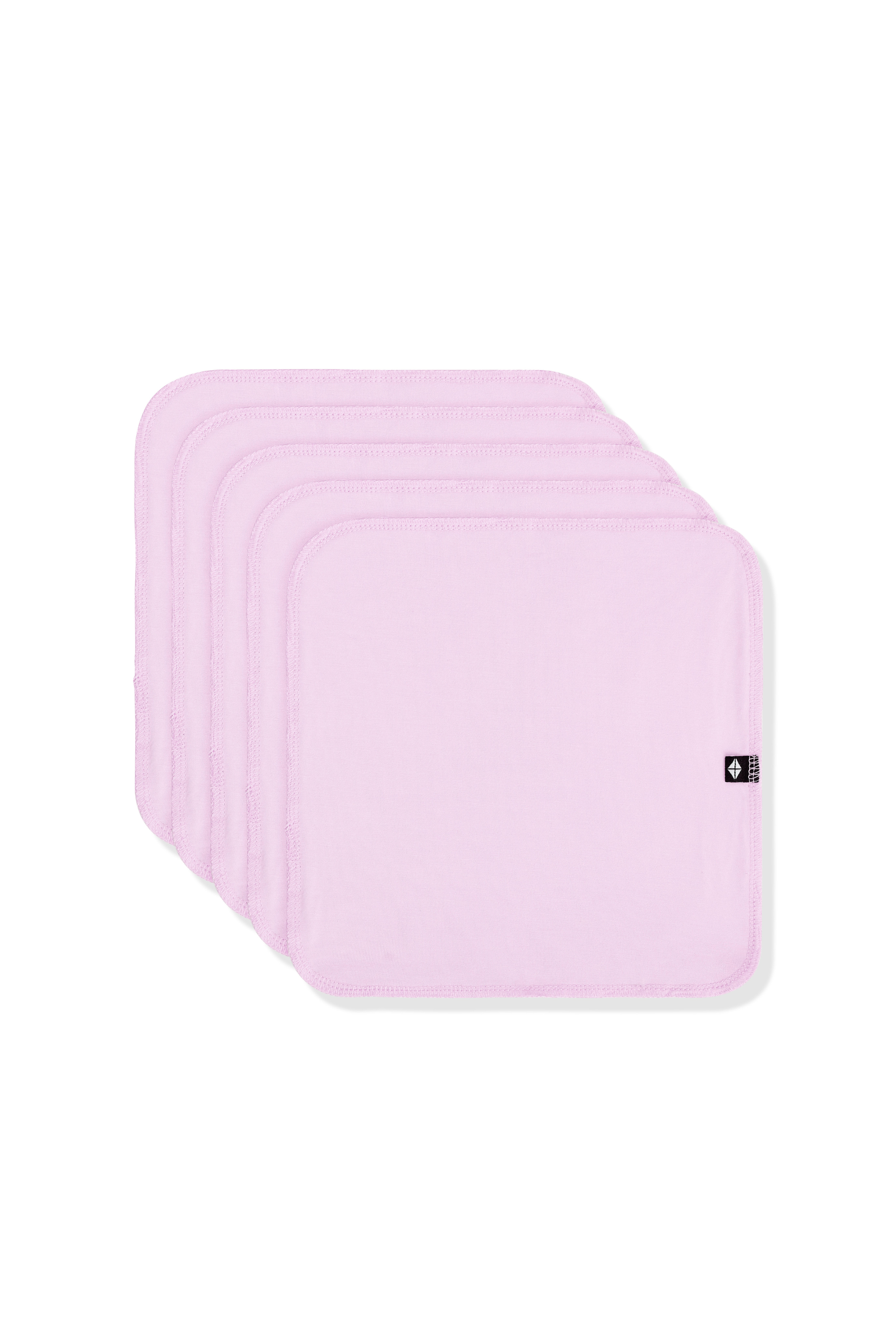 Set of four light purple bath washcloths with a brand logo on a white background