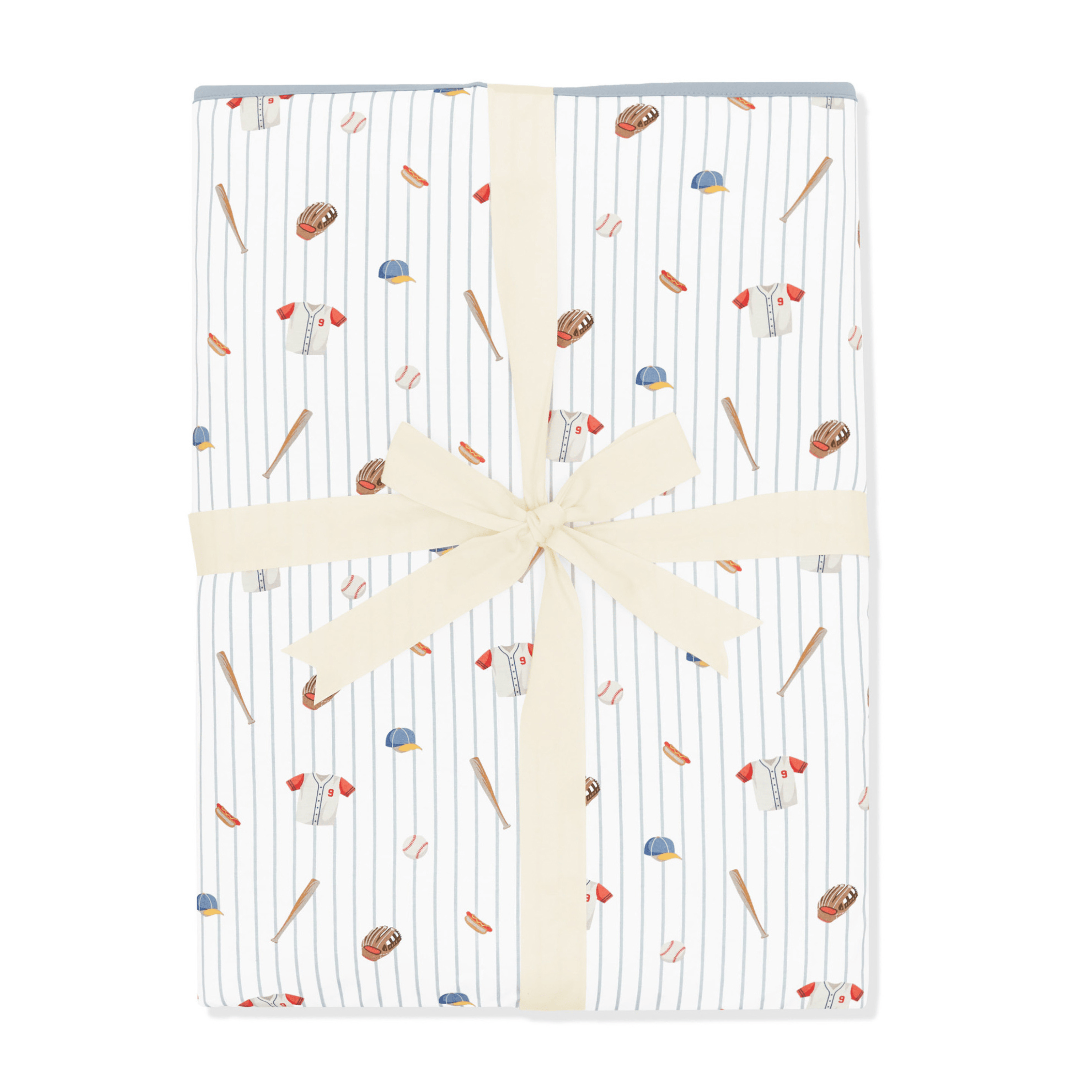 Baseball printed throw blanket wrapped with a cream bow