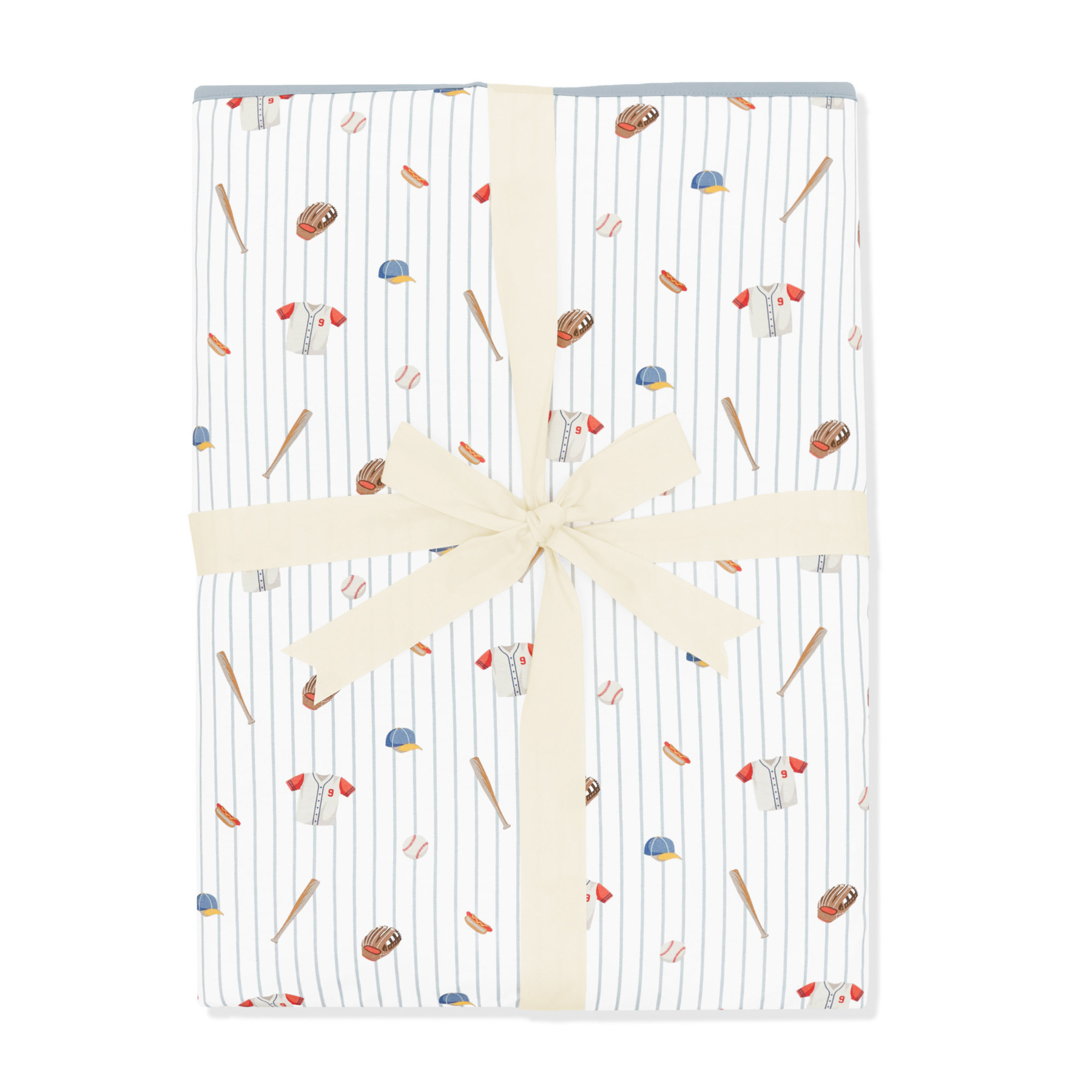 Baseball printed throw blanket wrapped with a cream bow