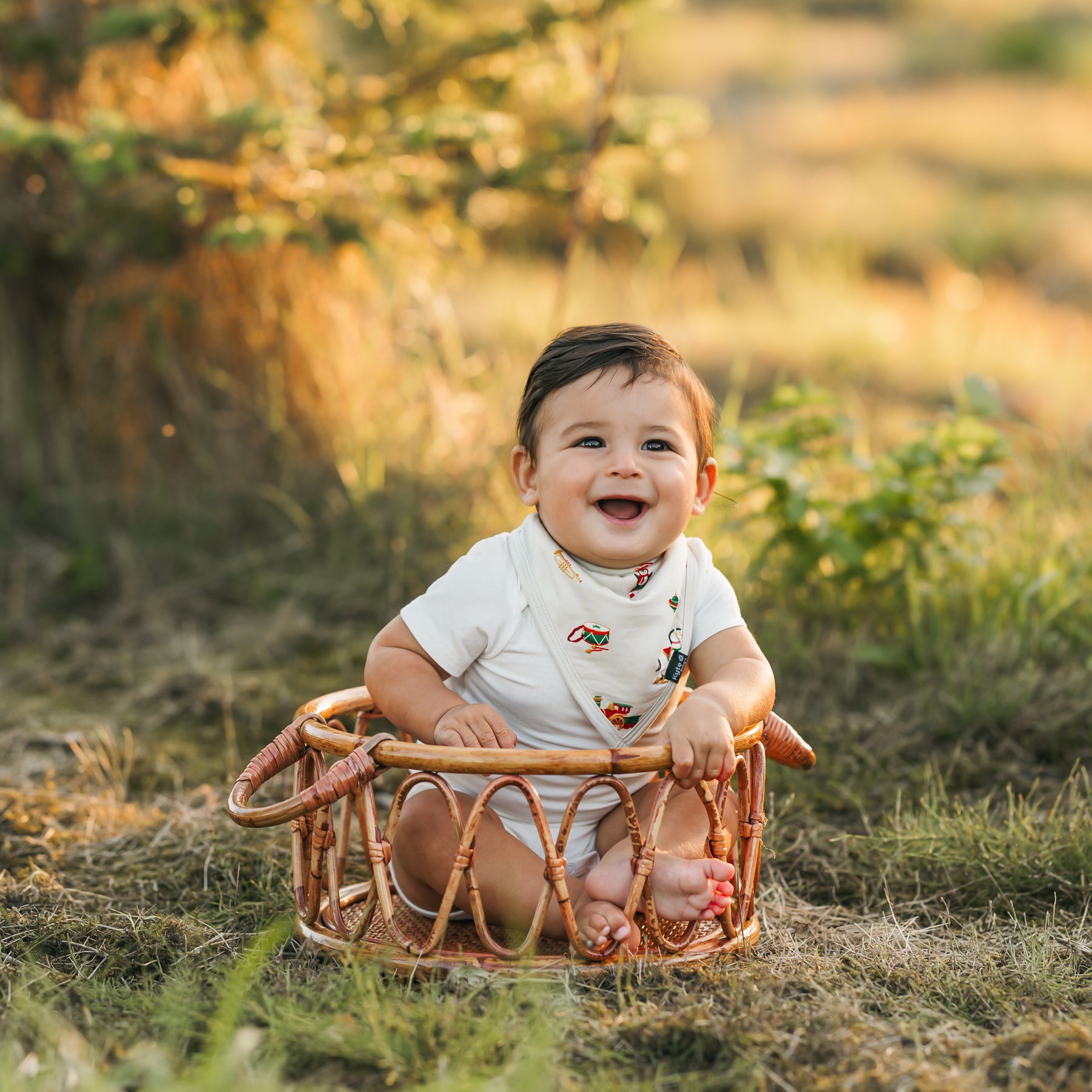 Smiling toddler sitting in a wicker basket wearing the Bib in Vintage Toys