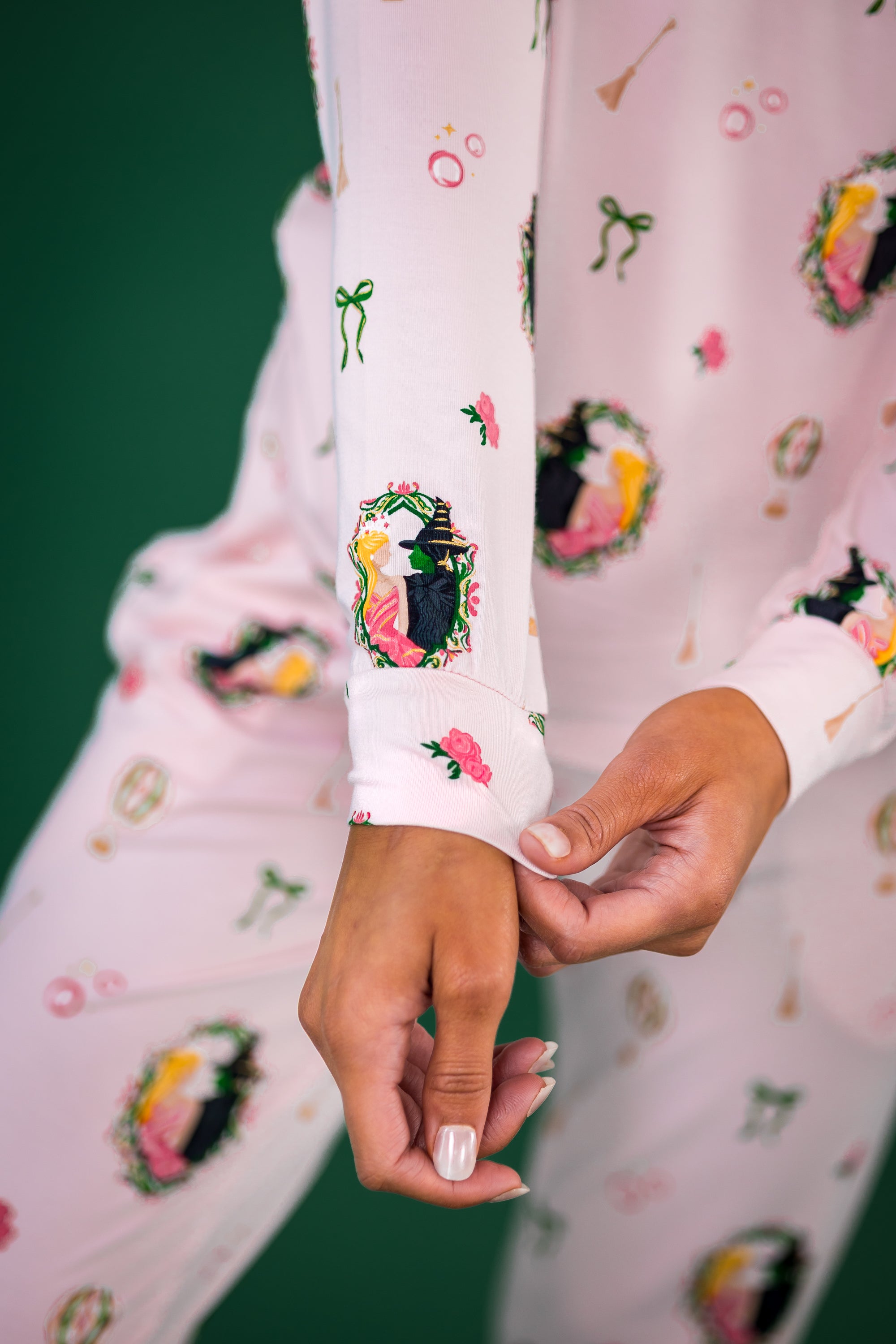 Close up of the print and wrist cuff on the Women's Jogger Pajama Set in Wicked shown on a model