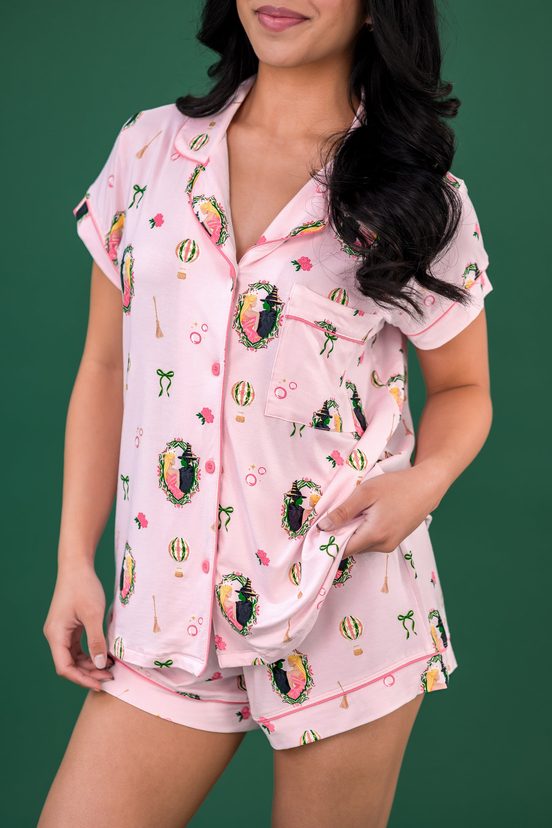 Close up of female model wearing the Women's Short Sleeve Pajama Set in Wicked