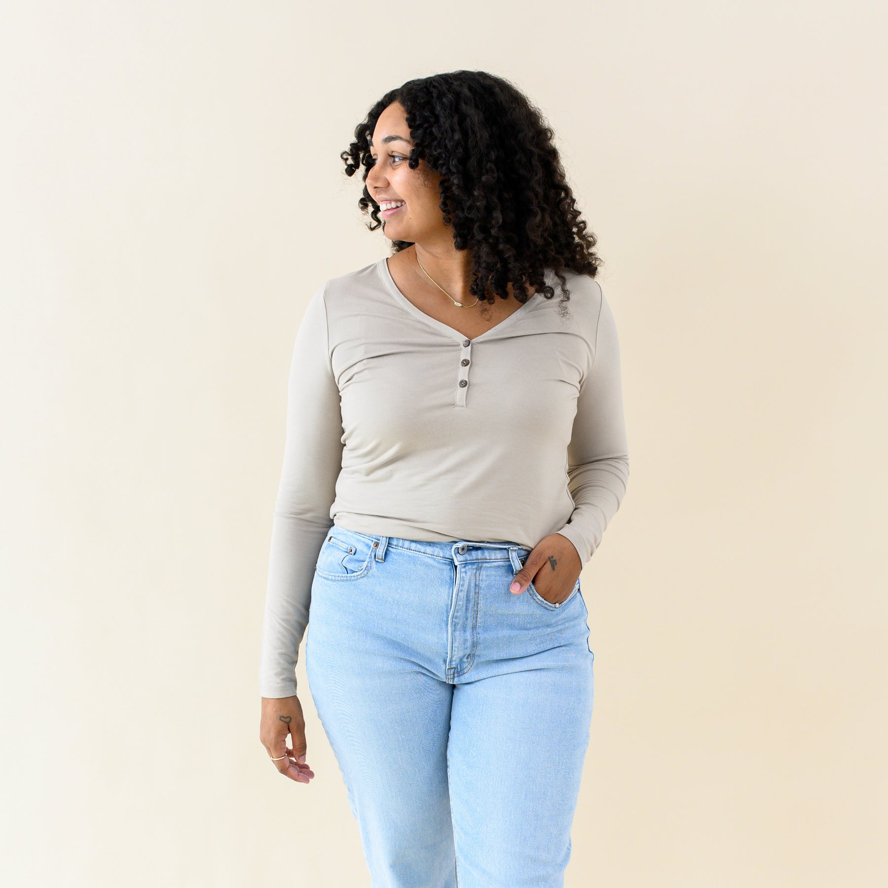 Women's Long Sleeve Henley Tee in Almond