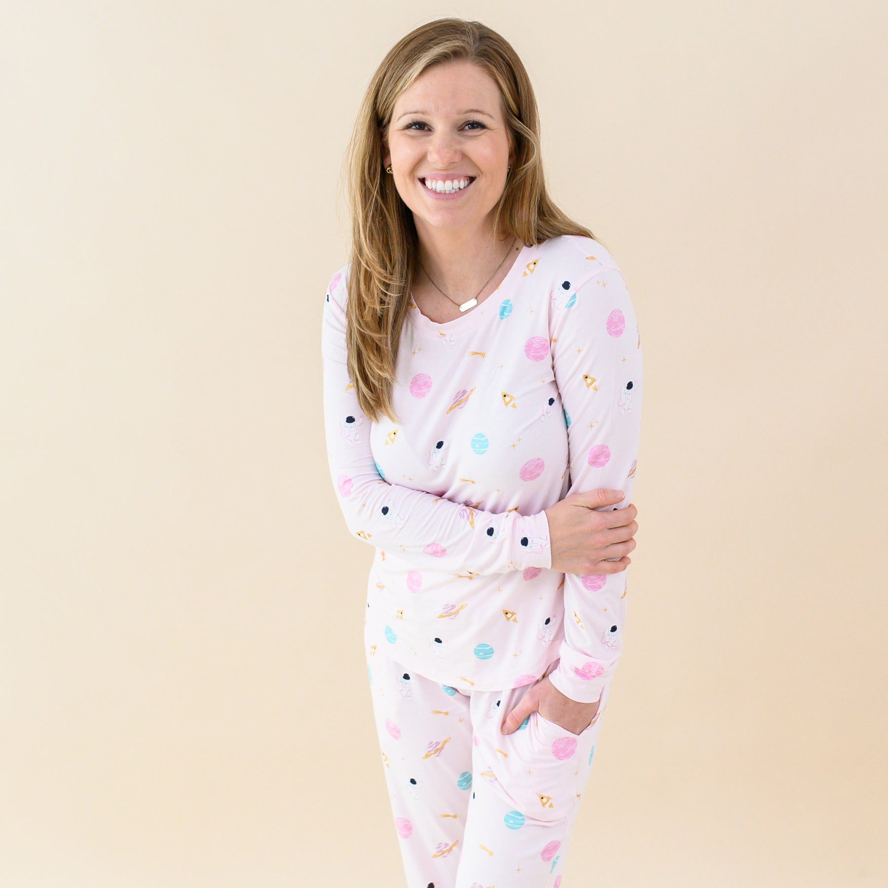 model wearing sakura space women's jogger pajamas