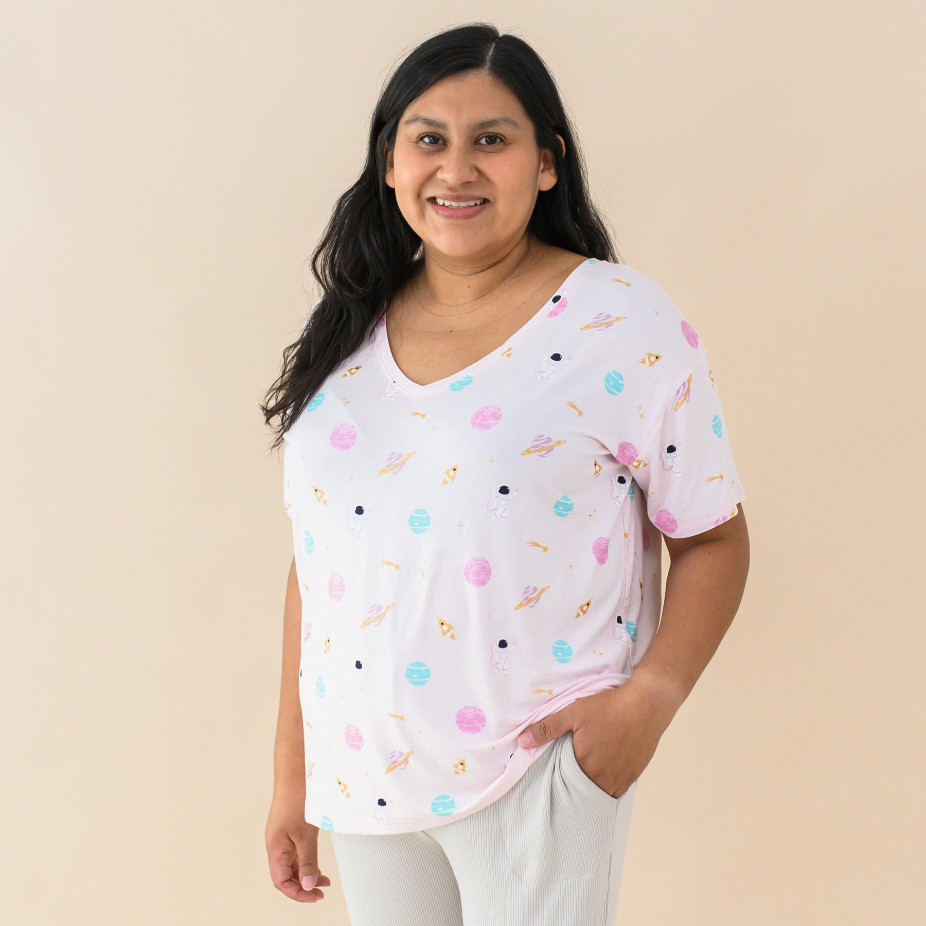 woman modeling sakura space relaxed fit v-neck