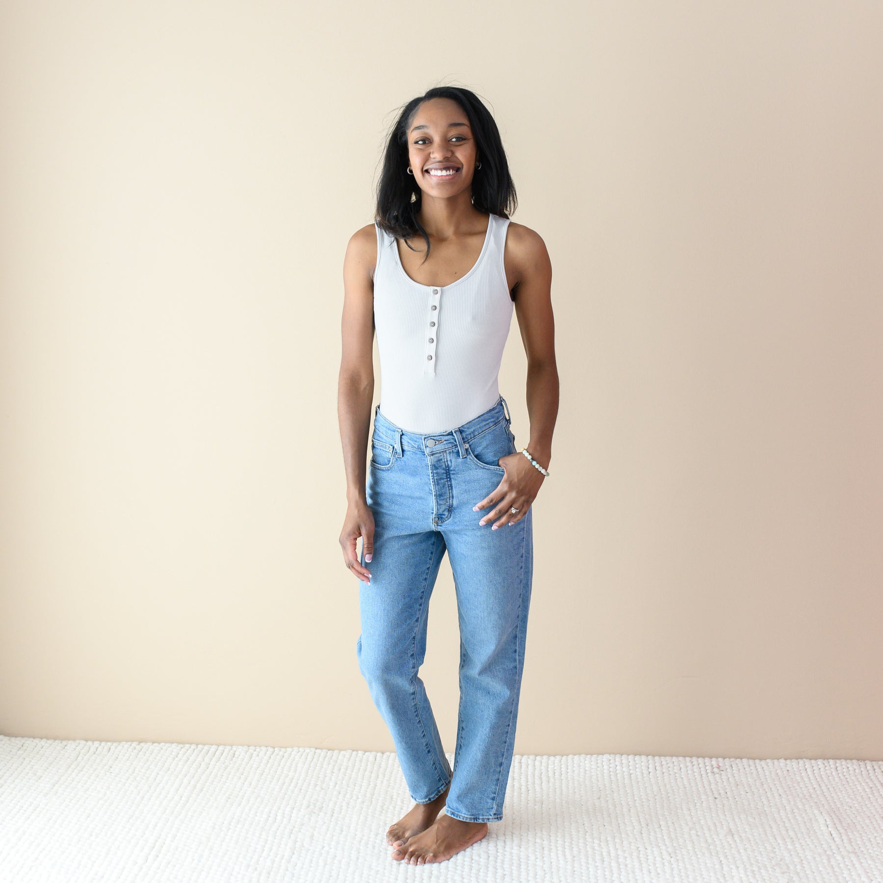 Women’s Ribbed Henley Bodysuit in Oat