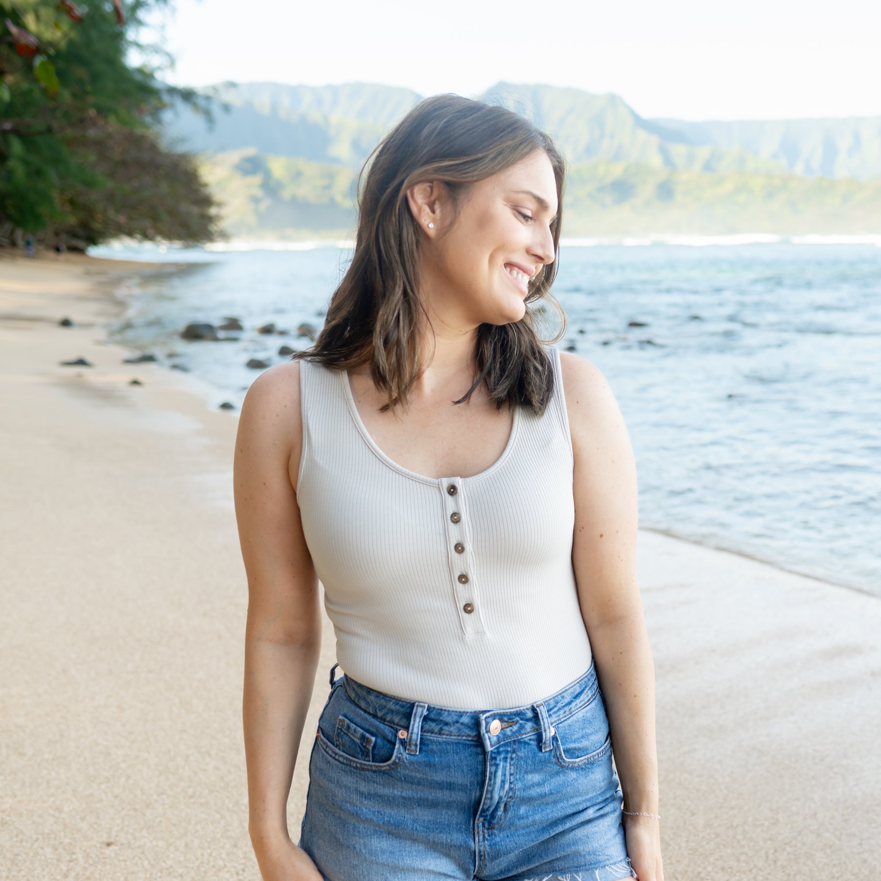 Women’s Ribbed Henley Bodysuit in Oat