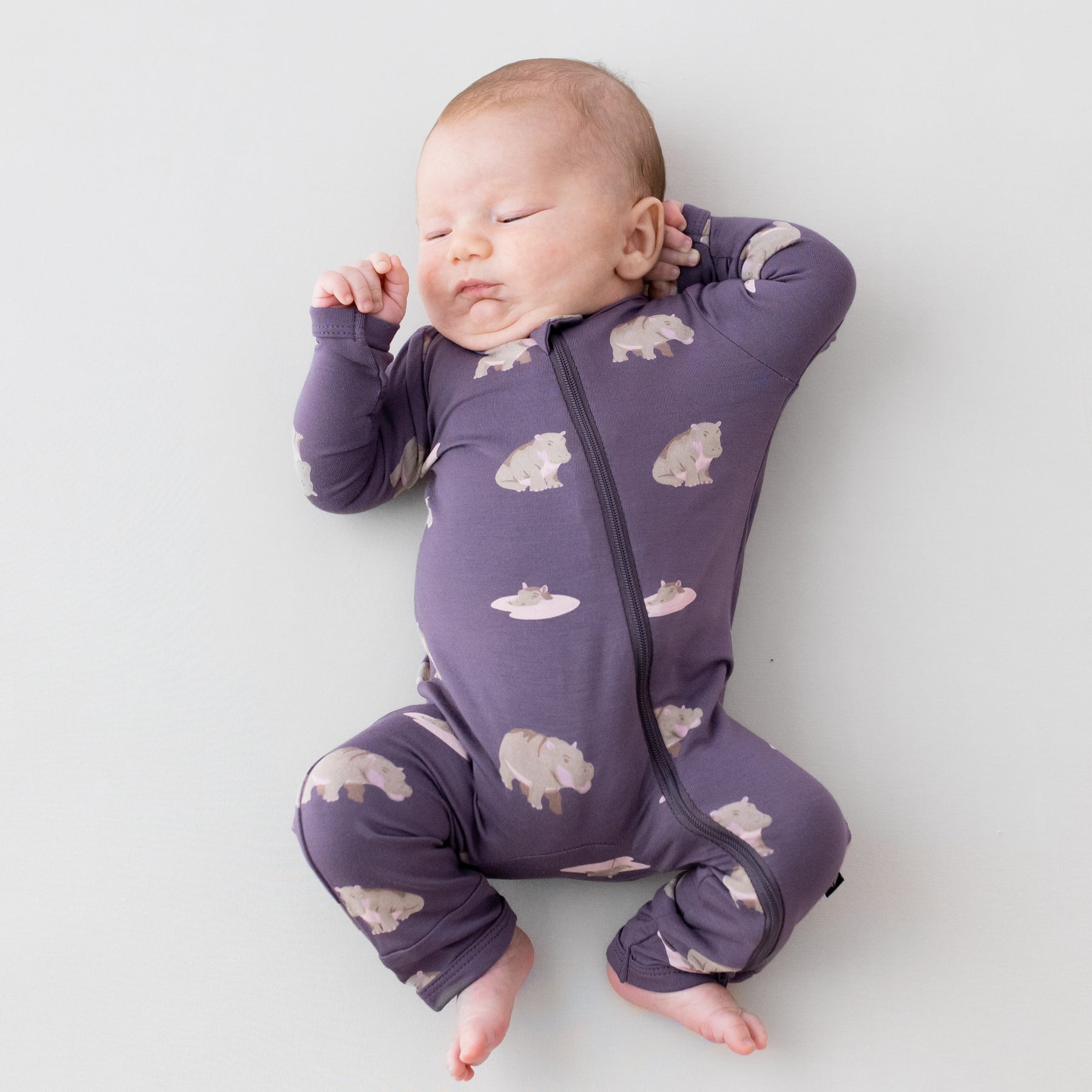 Zippered Romper in Baby Hippo