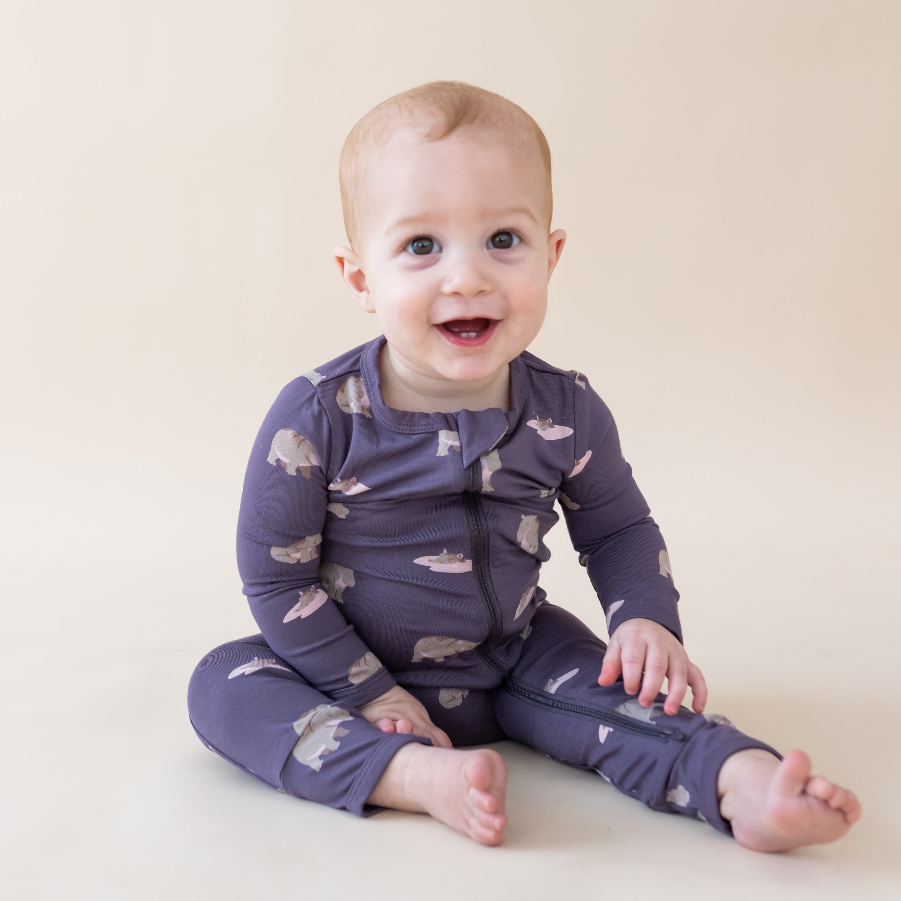 Zippered Romper in Baby Hippo