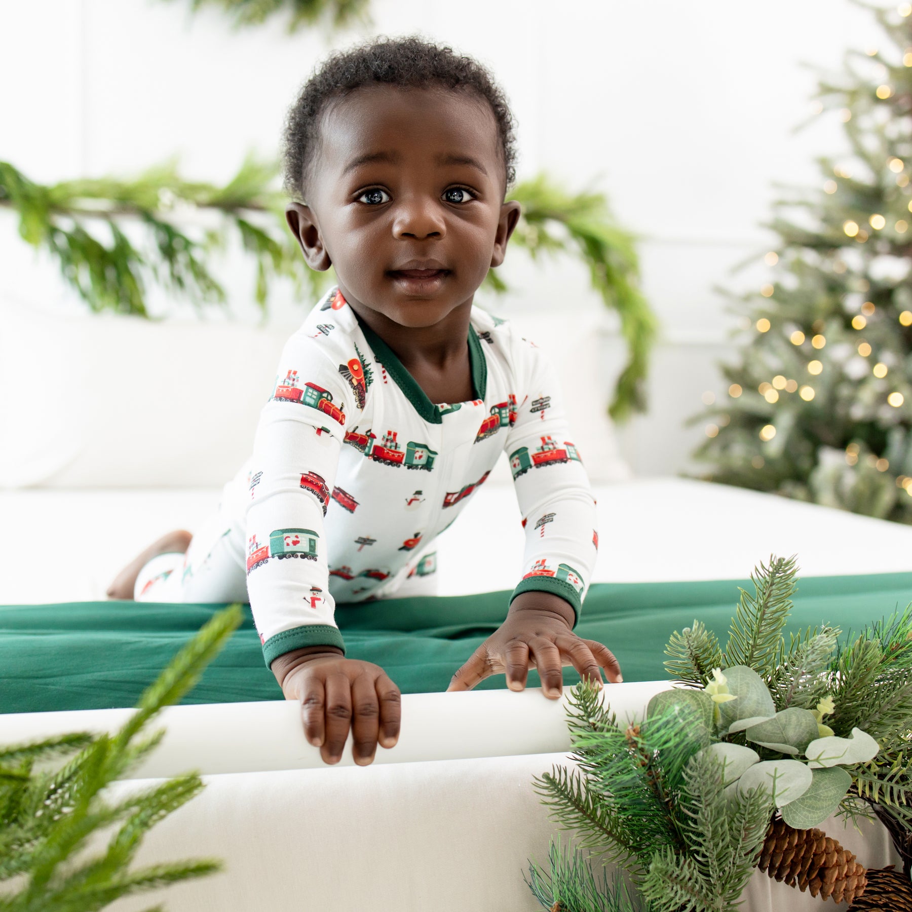 Zippered Romper in Holiday Train