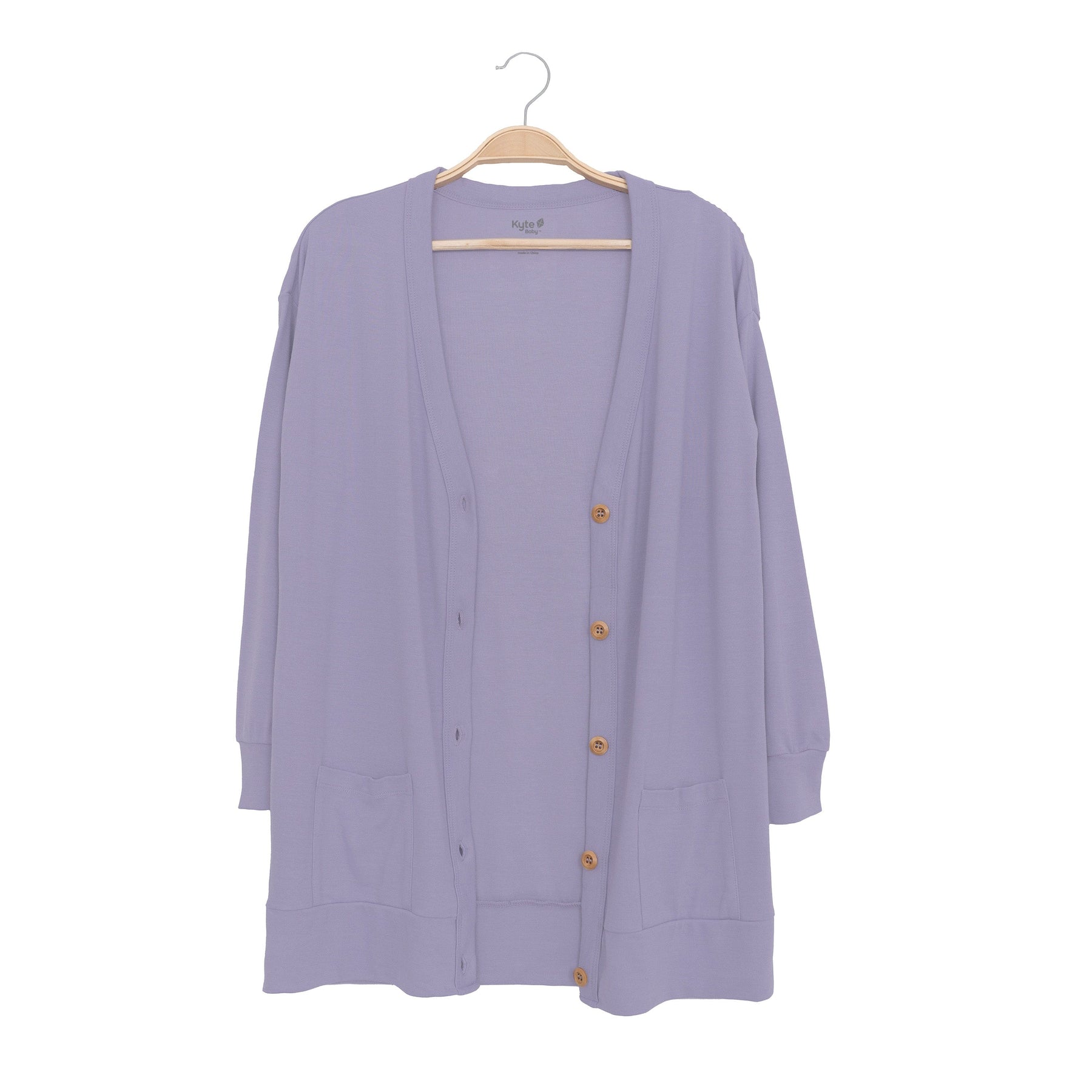 Kyte Baby Bamboo Adult Cardigan with wooden buttons in Taro Purple