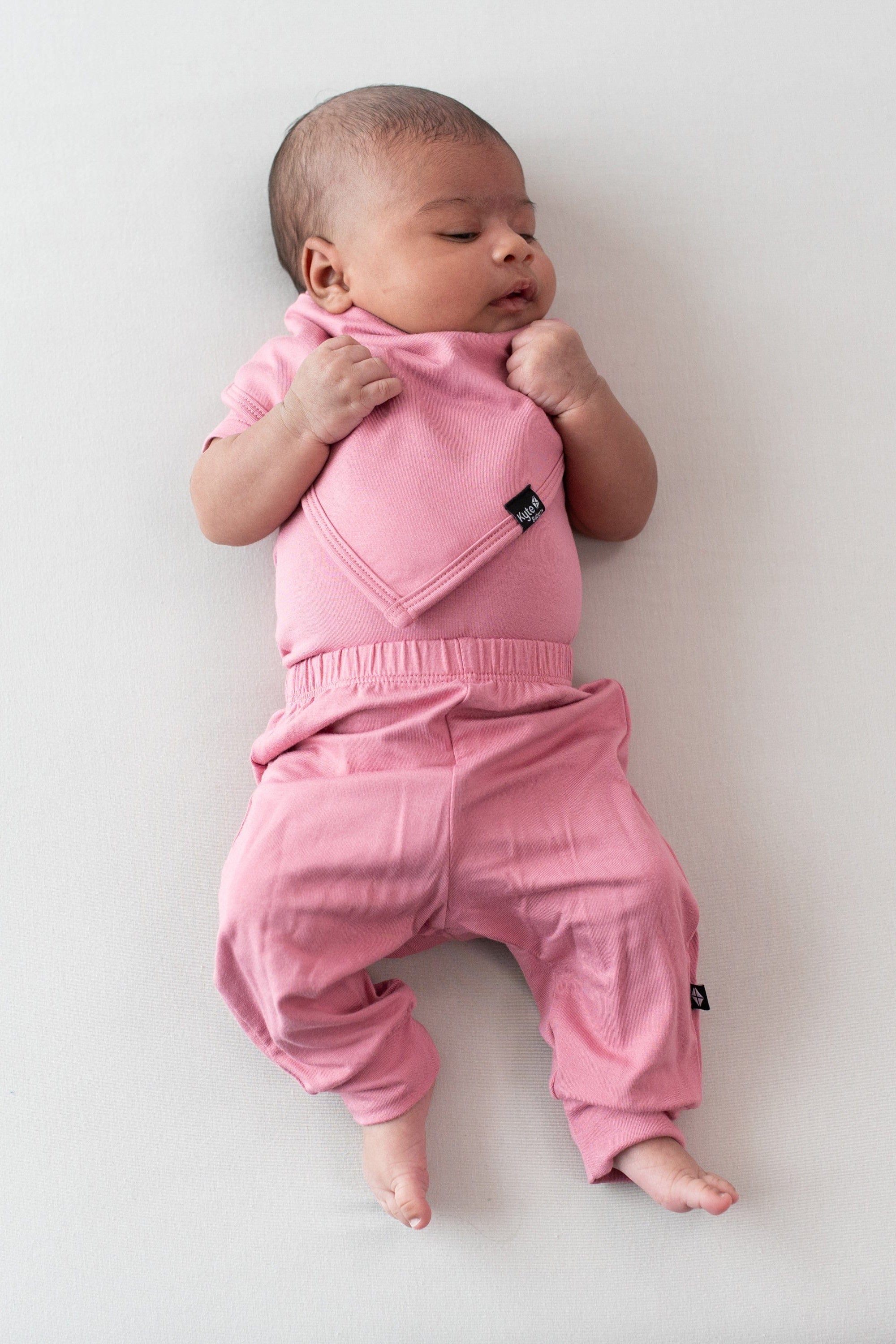 Newborn wearing Kyte Baby Bib, Bodysuit and Pants in Apple Blossom