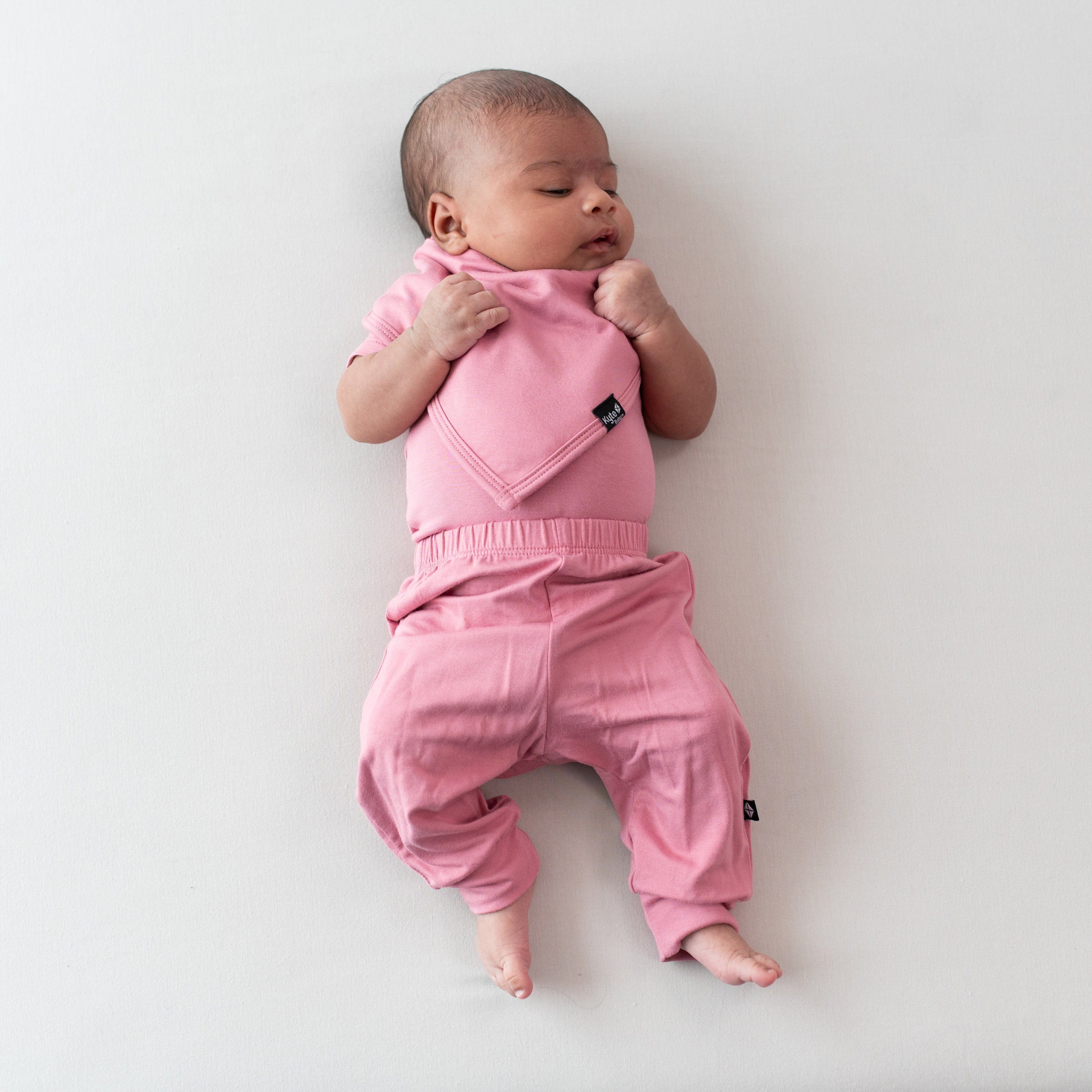 Newborn wearing Kyte Baby Bib, Bodysuit and Pants in Apple Blossom