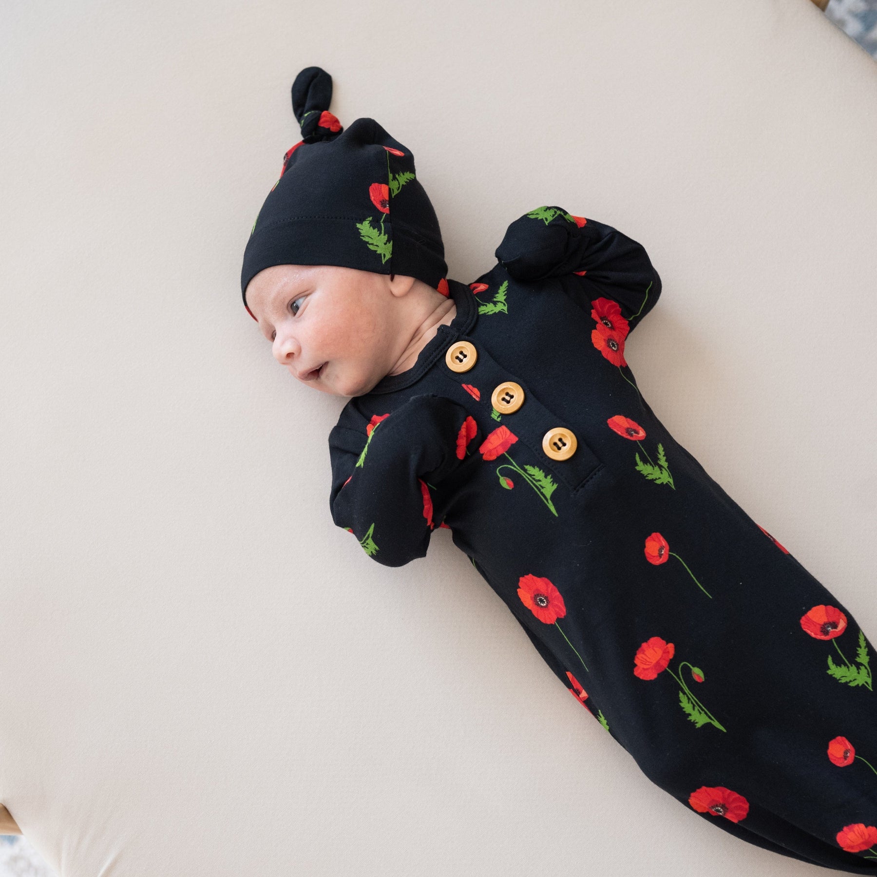 Kyte Baby Knotted Gown with Hat Set Knotted Gown with Hat Set in Midnight Poppies