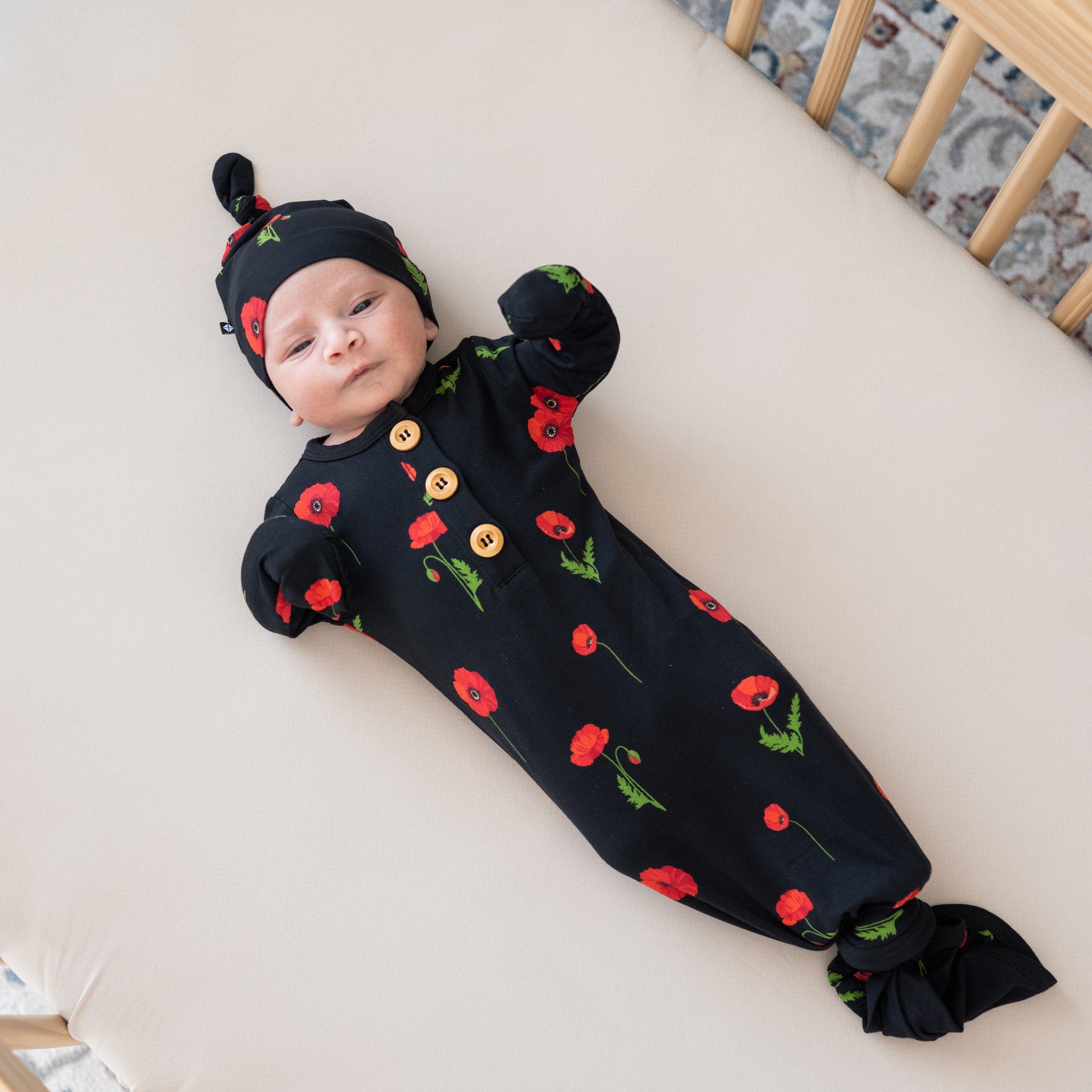 Kyte Baby Knotted Gown with Hat Set Knotted Gown with Hat Set in Midnight Poppies