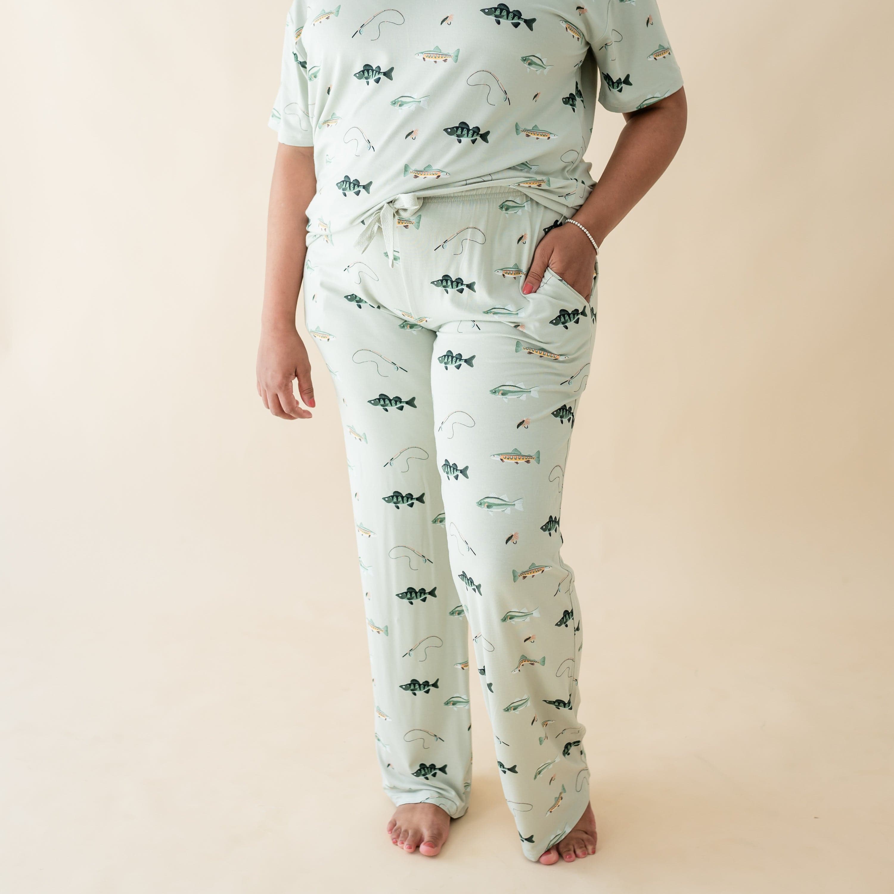 Woman wearing Kyte Baby Women's Lounge Pants in Fishing