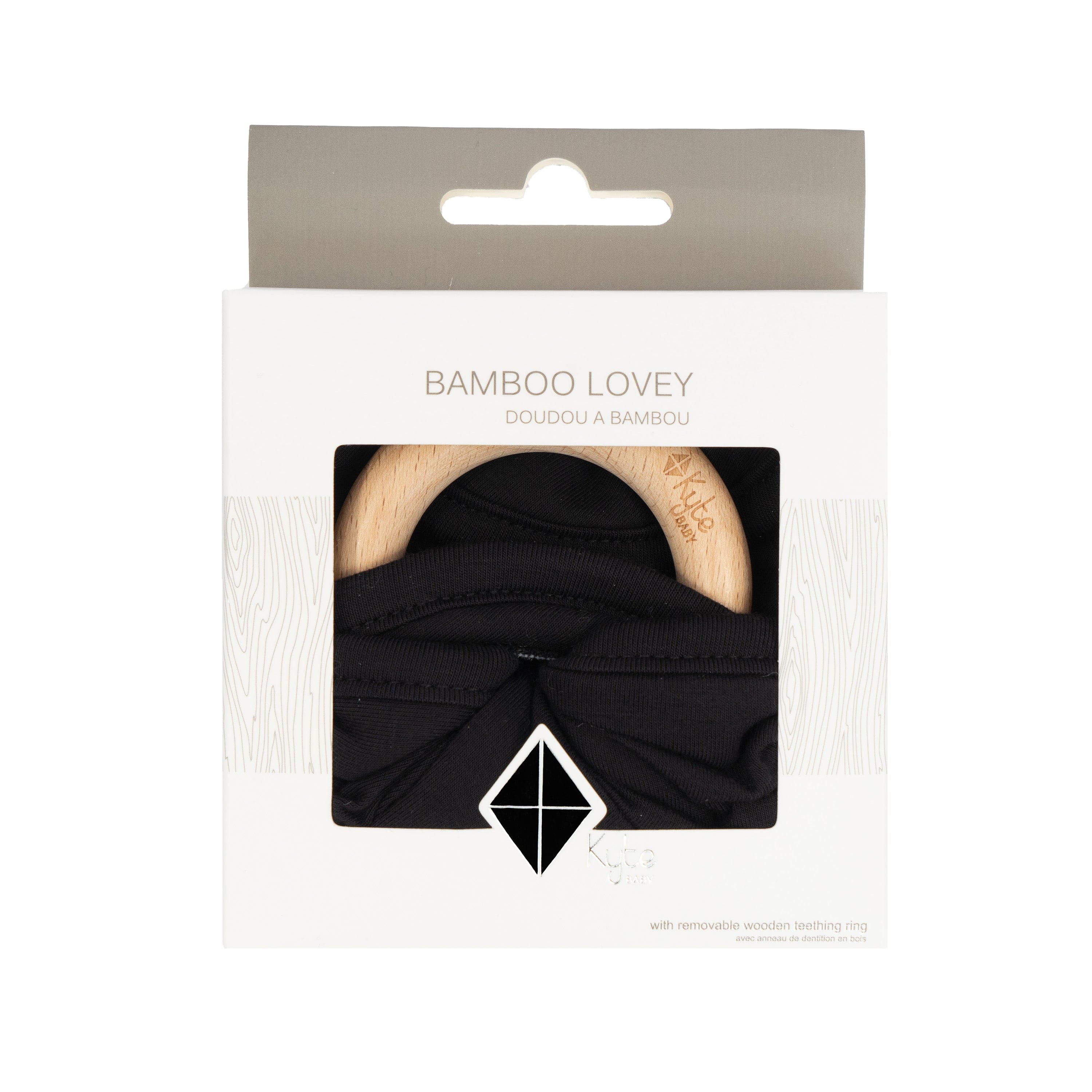 Lovey Midnight with Removable Wooden Teething Ring in packaging