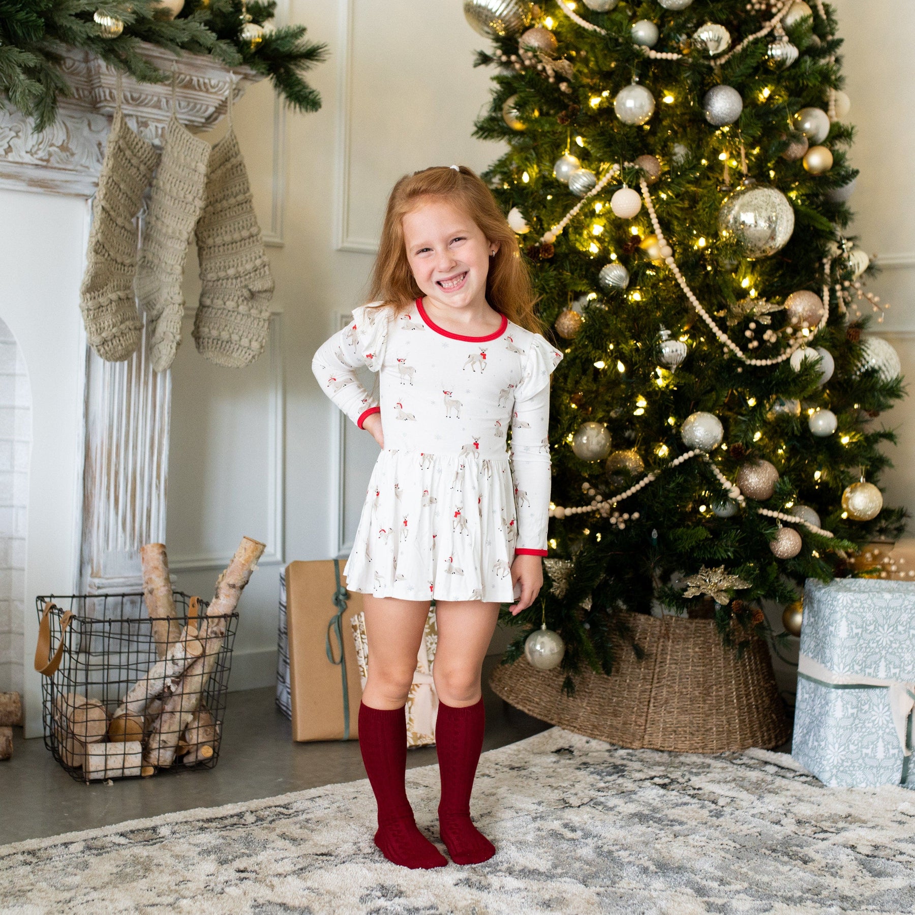 Kyte Baby LS Twirl Bodysuit Dress Long Sleeve Twirl Bodysuit Dress in Cloud Deer