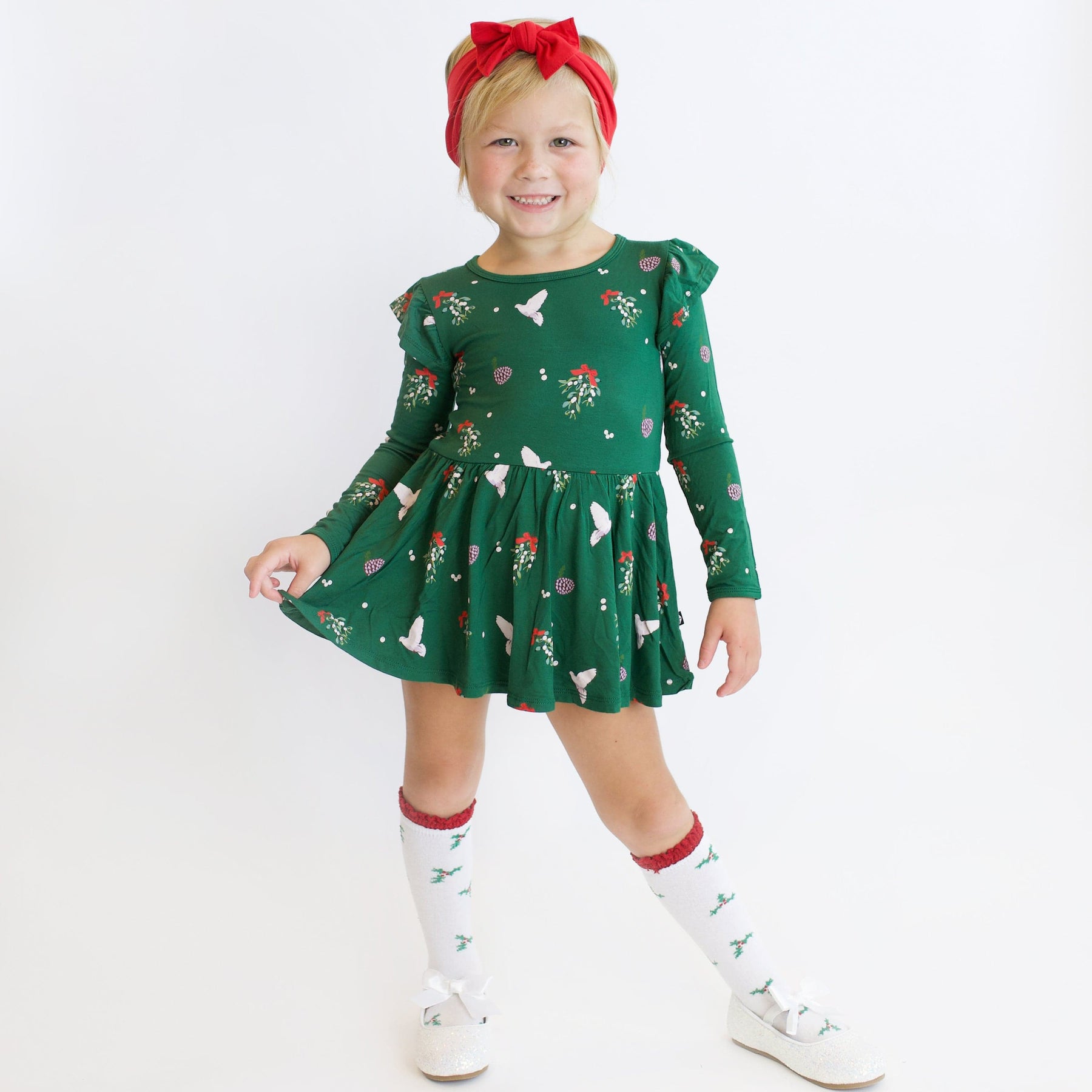 Kyte BABY LS Twirl Bodysuit Dress Long Sleeve Twirl Bodysuit Dress in Mistletoe