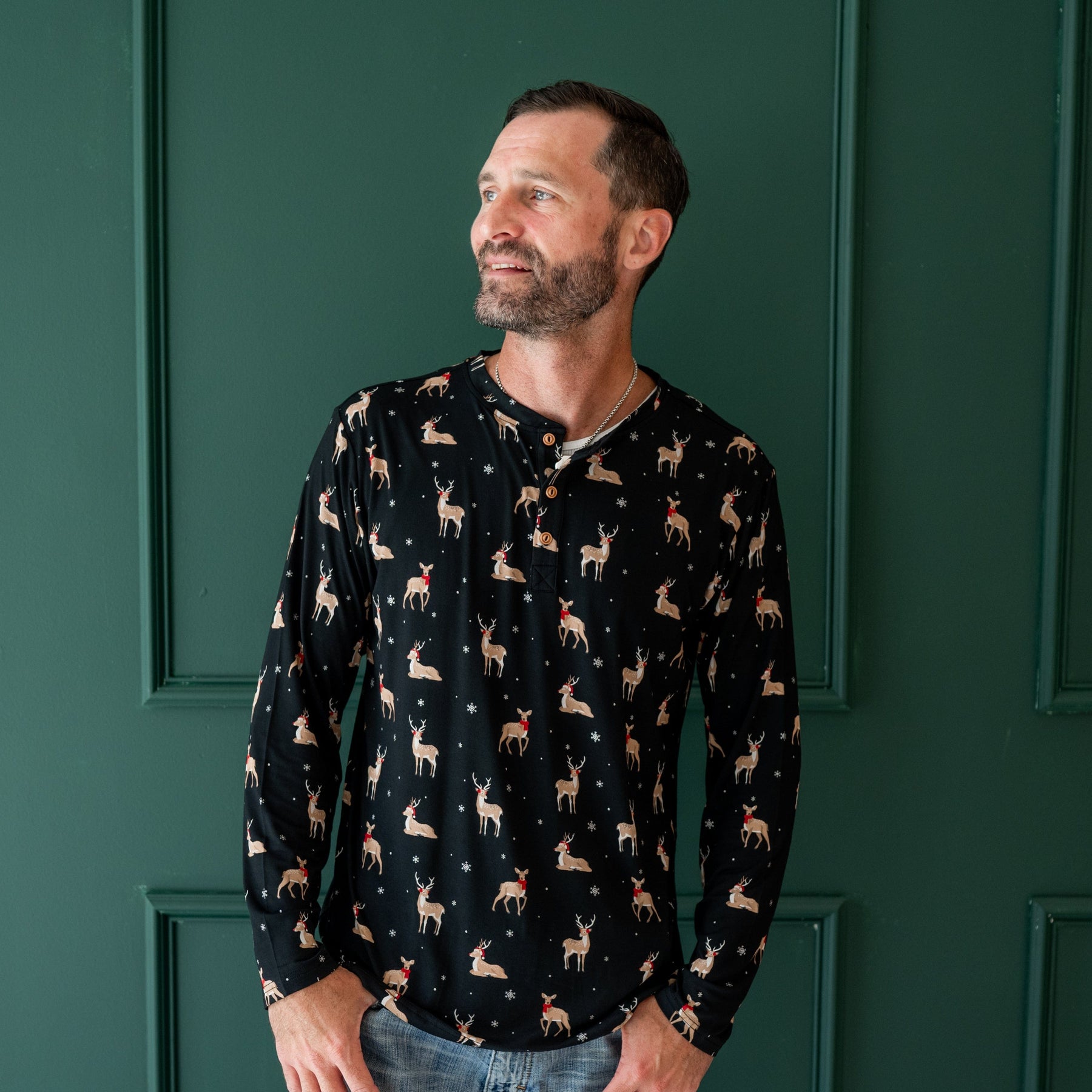 Kyte Baby Men's Long Sleeve Henley Top Men's Long Sleeve Henley Top in Midnight Deer