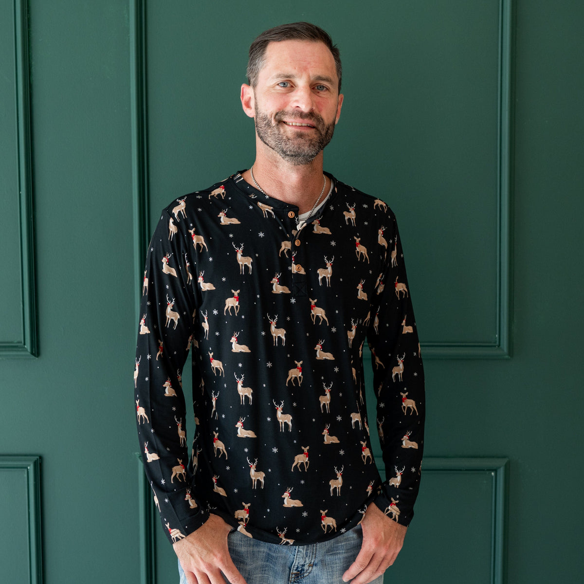 Kyte Baby Men's Long Sleeve Henley Top Men's Long Sleeve Henley Top in Midnight Deer