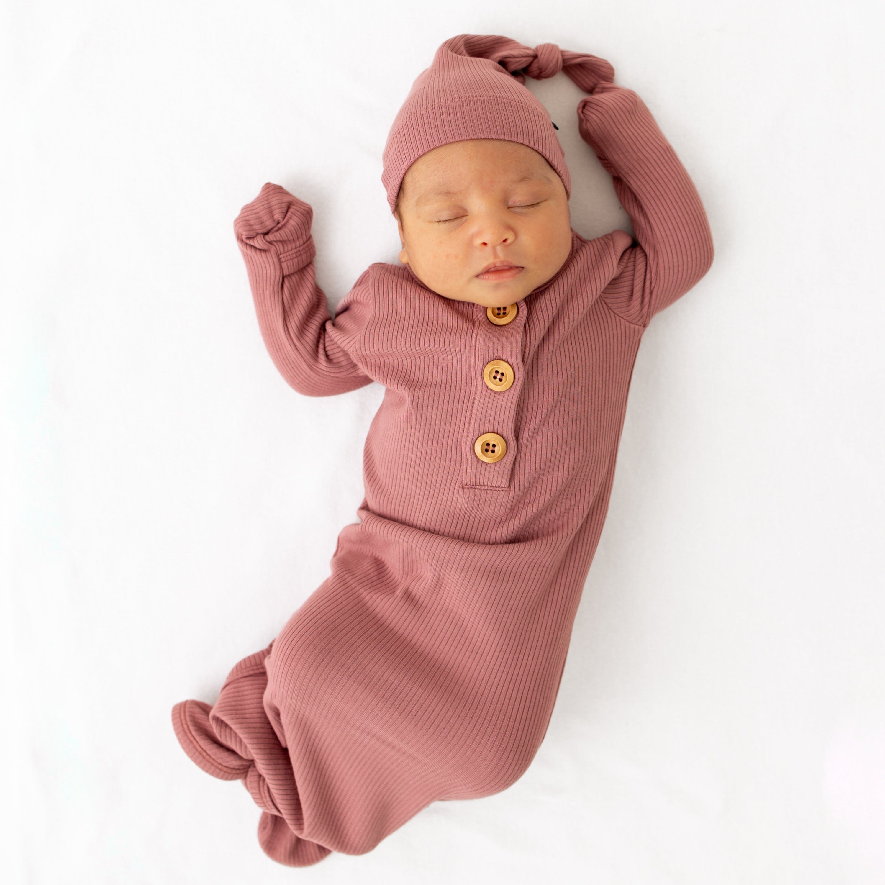 Kyte Baby Ribbed Knotted Gown with Hat Set Ribbed Knotted Gown with Hat Set in Dusty Rose