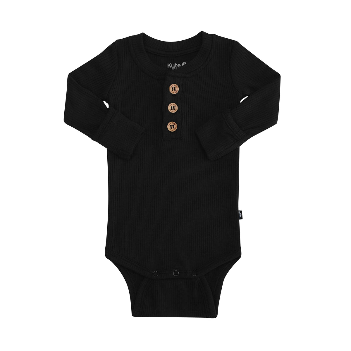 Kyte Baby Ribbed Long Sleeve Henley Bodysuit with wooden buttons in Midnight black