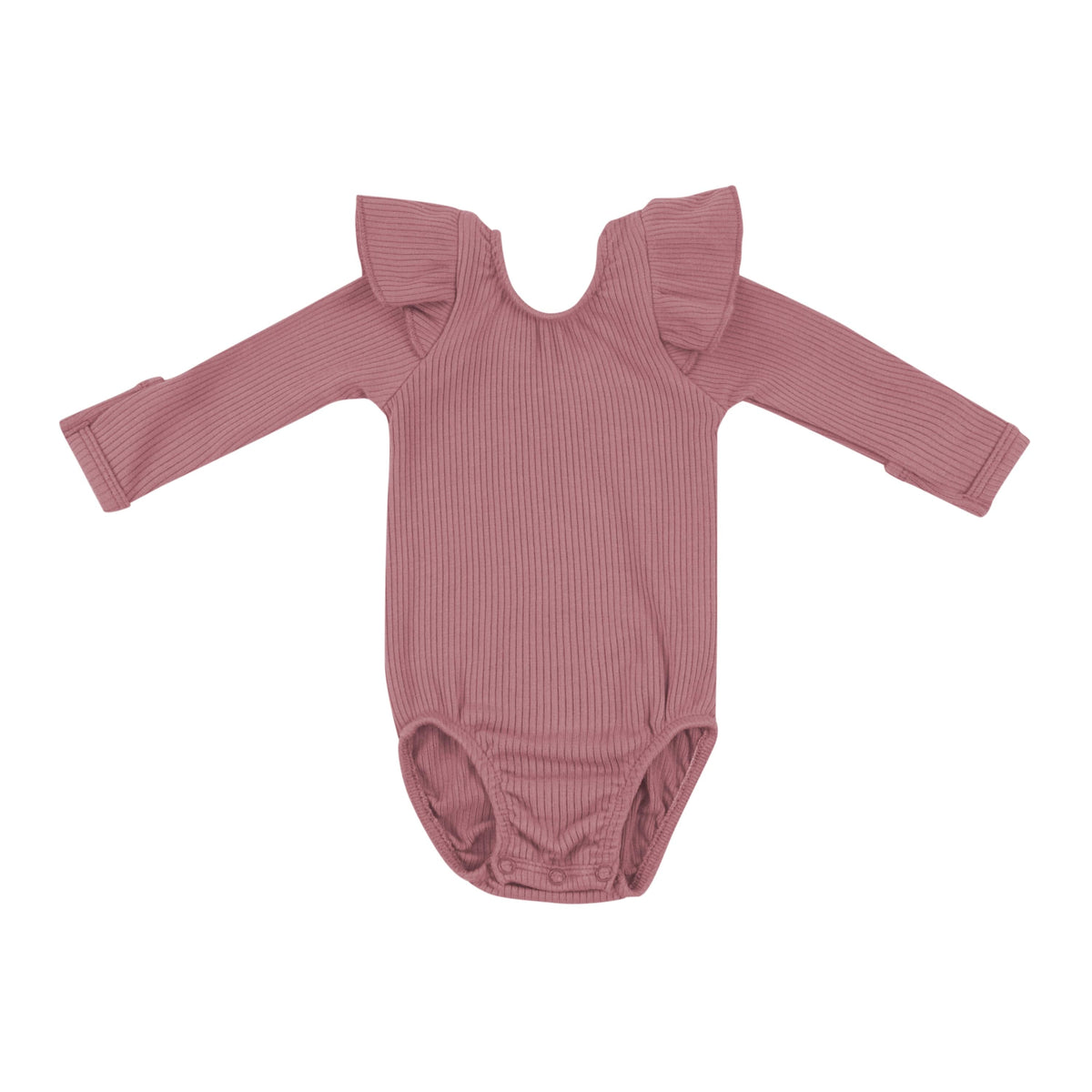 Kyte Baby Ribbed Long Sleeve Ruffle Leotard in Dusty Rose