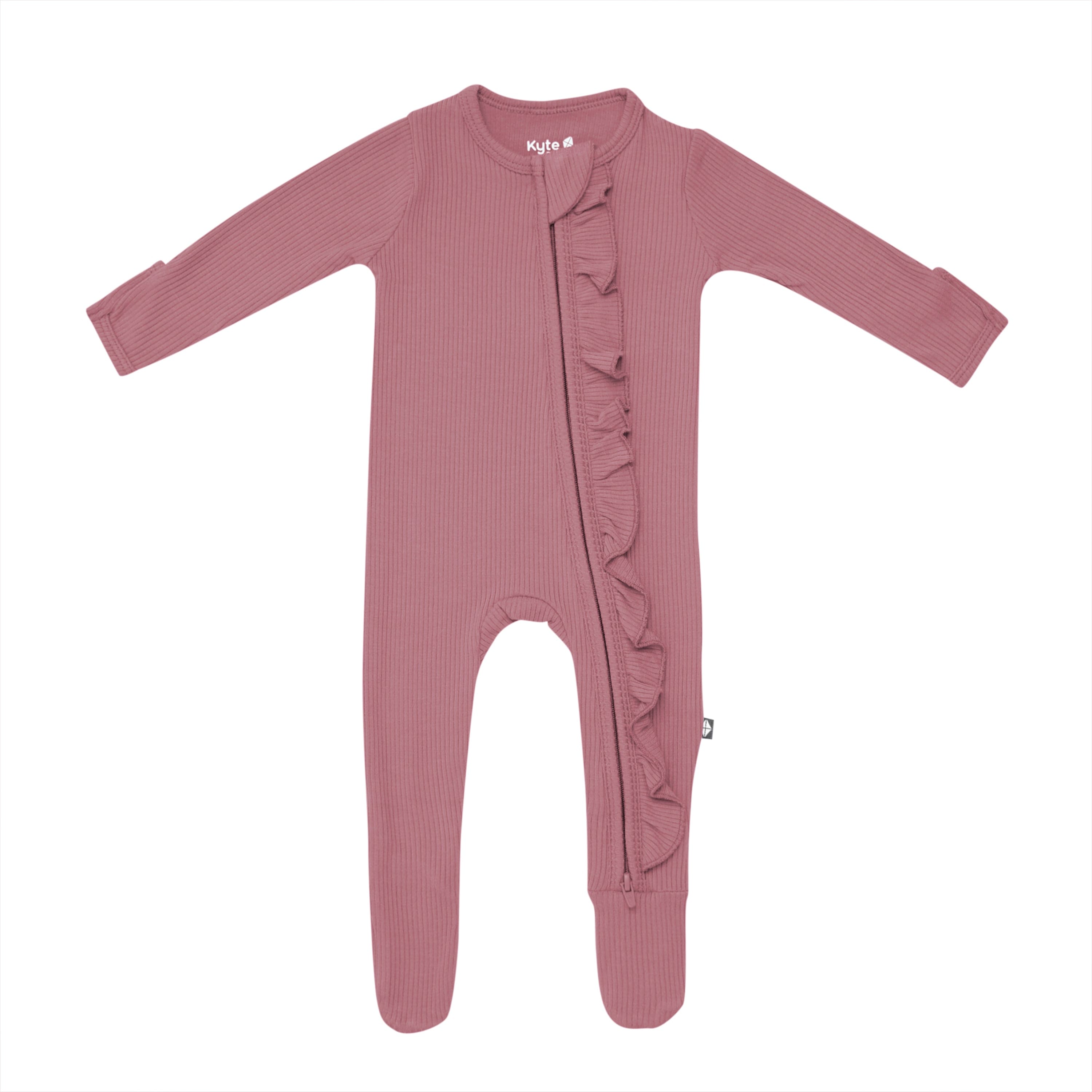 Kyte Baby Ribbed Ruffle Zipper Footie Ribbed Ruffle Zipper Footie in Dusty Rose