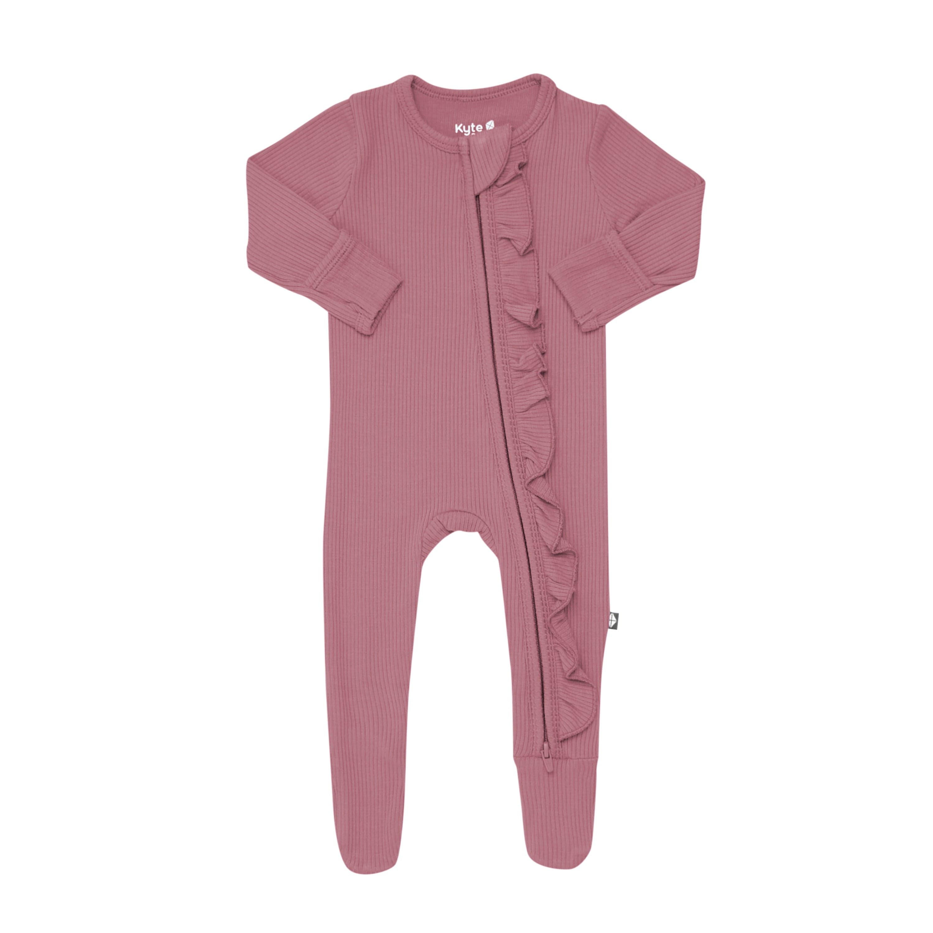Kyte Baby Ribbed Ruffle Zipper Footie Ribbed Ruffle Zipper Footie in Dusty Rose